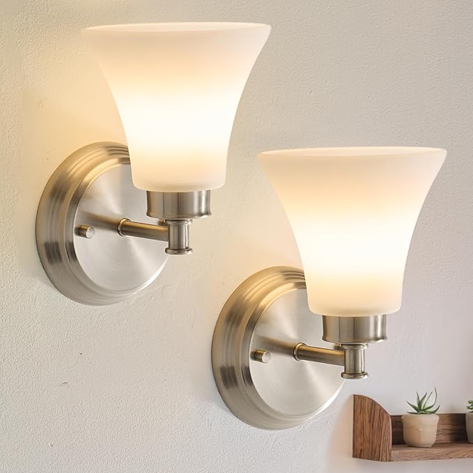 LOUSACE 2 Pack 1-Light Brushed Nickel Bathroom Lighting Fixtures Vintage Bathroom Vanity Lights with Opal White Glass, Set of 2 Single Vanity Wall Sconces for Side Mirror Cabinet Stairs Living Room