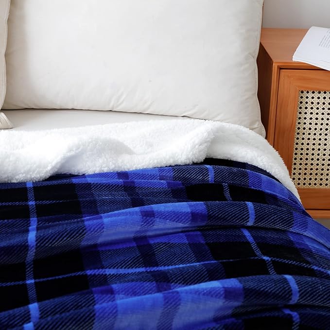 SOCHOW Sherpa Plaid Fleece Throw Blanket, Double-Sided Super Soft Luxurious Bedding Blanket 90 x 90 inches, Blue