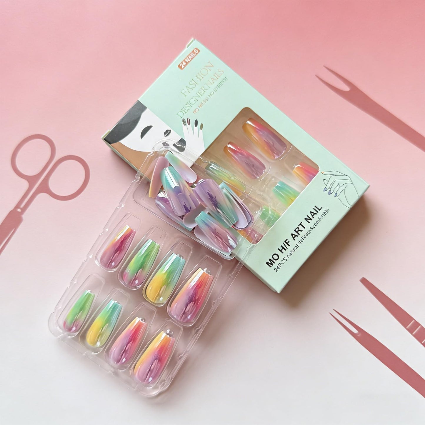 Chrome Press on Nails Medium Coffin Fake Nails Dreamy Rainbow Aurora False Nails Laser Glossy Full Cover Stick on Nail Reusable Artificial Glue on Nails for Women Manicure 24Pcs