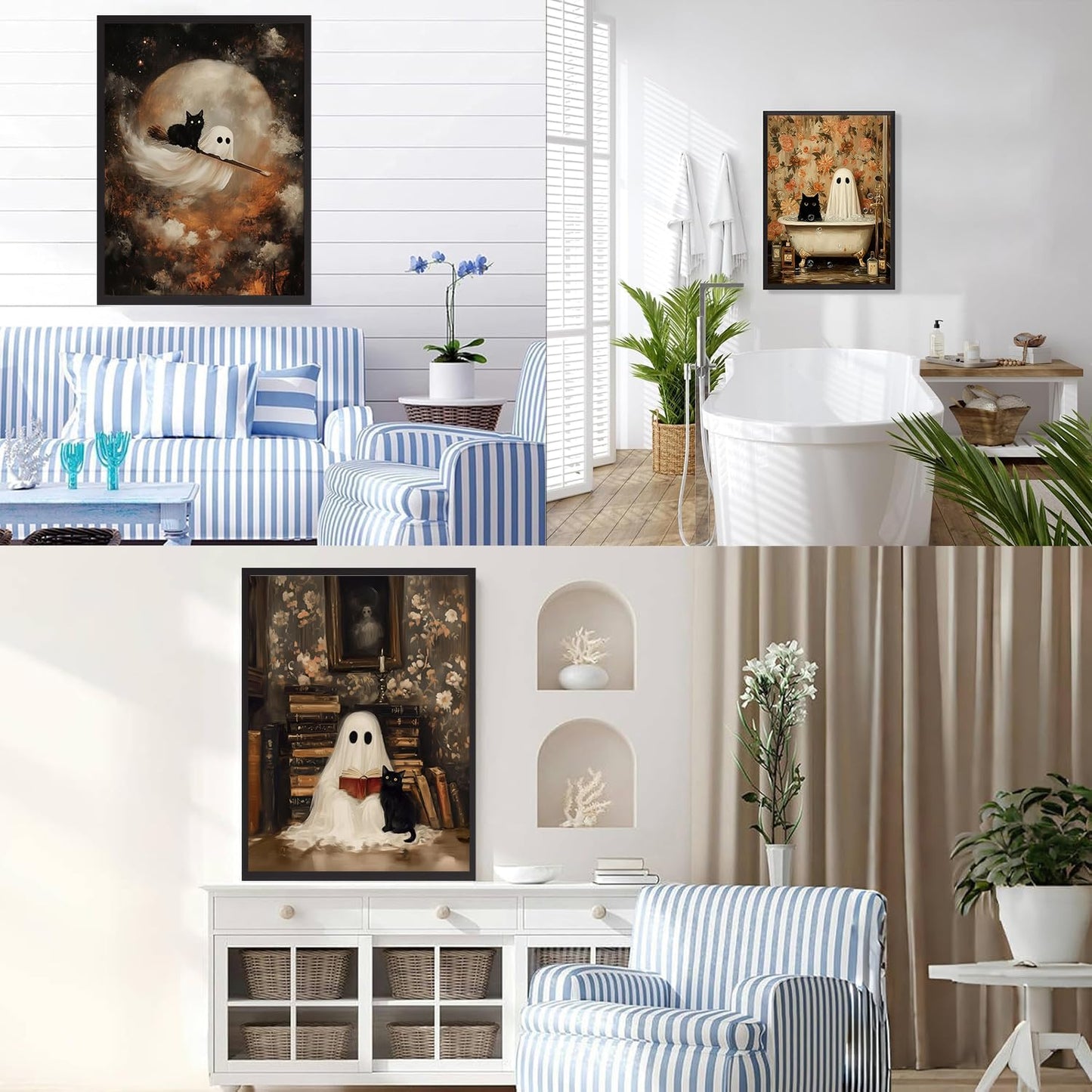 3Pcs Halloween Ghost Wall Art Funny Gothic Moody Ghosts and Black Cat Painting Picture Wall Decor Reading Horror Dark Academia Poster Print Artwork for Bathroom Livingroom Home Decoration noframe