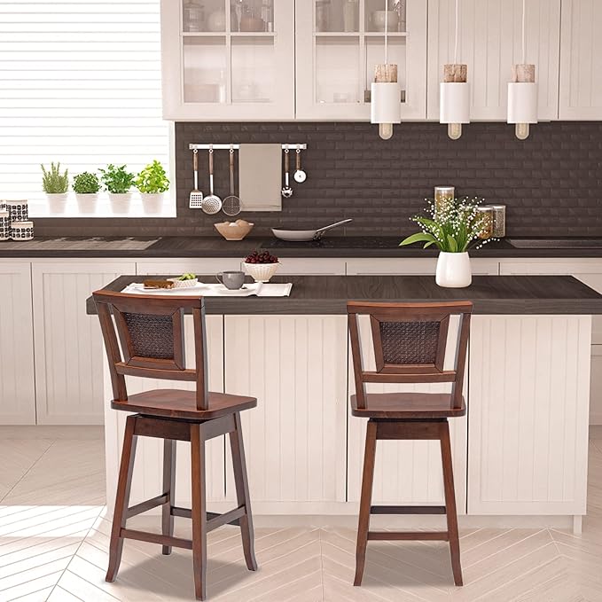 COSTWAY Bar Stools Set of 2, 24.5 Inch Counter Height Bar Stool with Rattan Back, 360°Swivel Seat, Comfortable Footrests, Rubber Wood Bar Stools for Kitchen Island, Dining Room, Cafe, Pub (2)