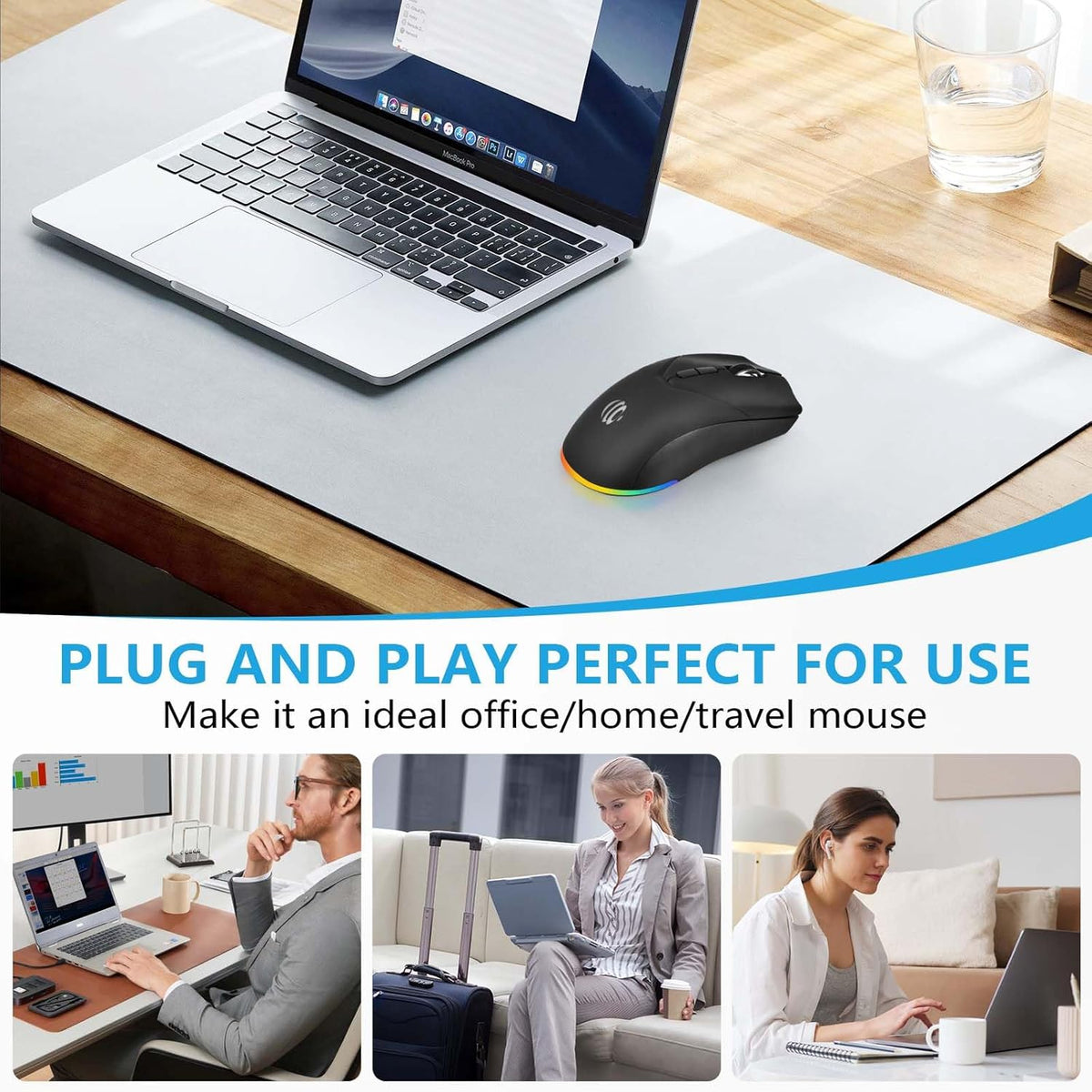 Wireless Bluetooth Mouse, 2.4G and Bluetooth 5.2 Ergonomic Rechargeable USB Optical Mouse, 3 Adjustment DPI， 1600 DPI Dual Mode Silent Wireless Mouse for Mac，Laptop, PC, Windows.(Black)
