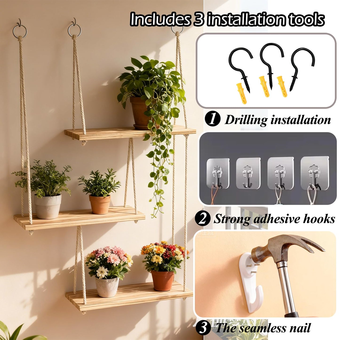LiliGloris Bohemian Wall Shelf Decor, Natural Unpainted Wood Floating Shelf with Adhesive Mount for Plants & Photo Frames, Decorative & Functional Display for Bedroom Living Room Office Kitchen