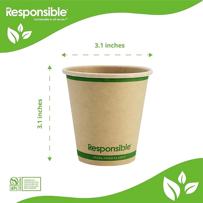 Responsible Products 6 oz Paper Hot Cups, Tree-Less™ Compostable Paper Coffee Cups, Extra Strength, Tree-Free and Made Without PFAS, Natural Brown (1000 Count)