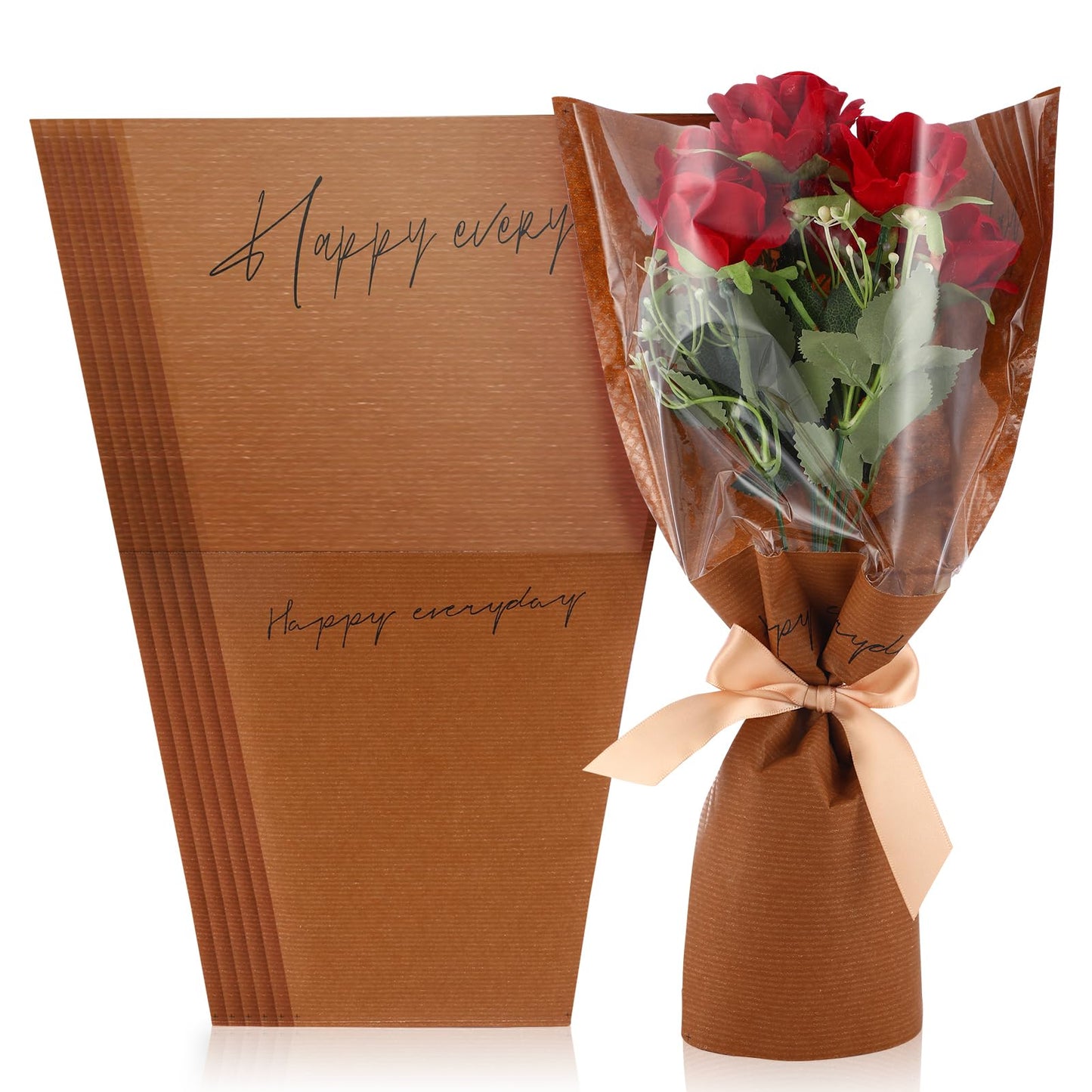 Harloon 100 Pcs Flower Bags for Bouquets Clear Flower Wrapping Papers Sleeves 11 x 5.1 x 17.3in Multiple Florist Packaging Supplies for Anniversary Wedding(Coffee)