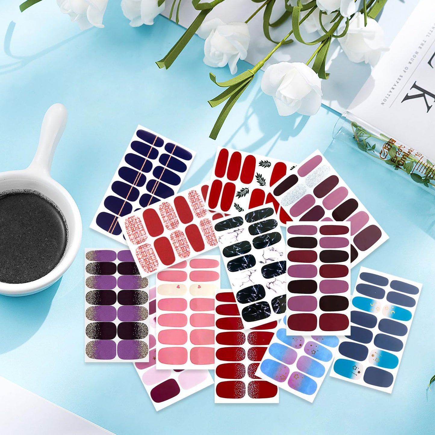 YECIRALA 24 Sheets 336 Pcs Multiple Designs Nail Polish Strips for Women Girls Nails - Gradient and Solid Nail Polish Stickers Full Nail Wraps Stick On Nails Self Adhesive Gel Nail Strips Stickers