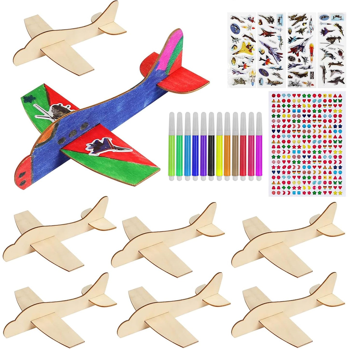 BAPHILE 12 Pack DIY Wood Planes，Mini Airplane Paint and Decorate Wooden Airplane Craft Kits with Decorate Tools for Kids School Craft Decor Projects