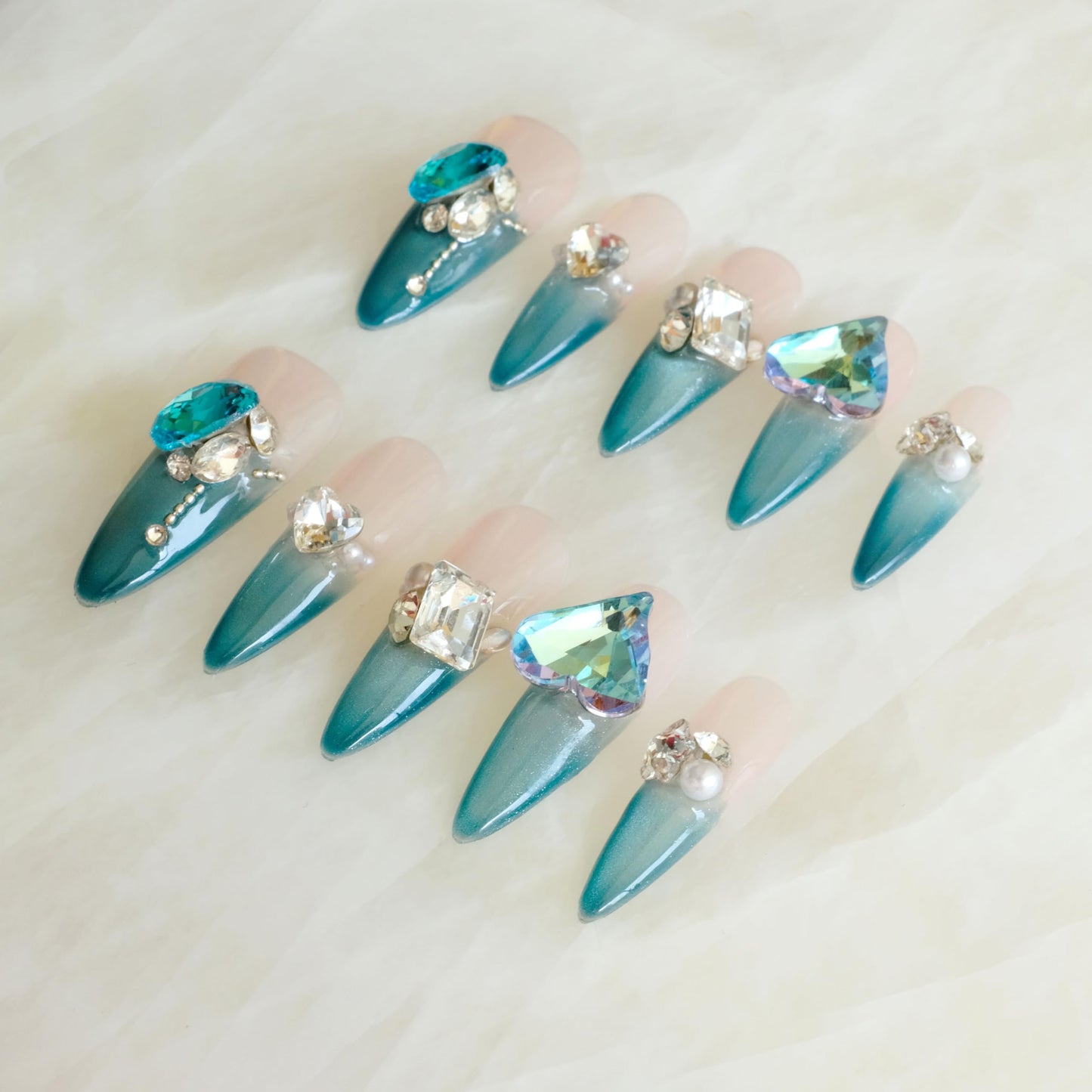 GLORS Luxury Long Stiletto Press-On Nails, Turquoise Blue Stiletto with 3D Crystals and Pearls, Handmade False Nail 10 Pieces (Medium, LS)