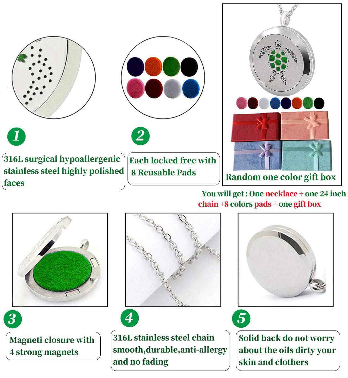 Popeoiuh Essential Oil Diffuser Necklace, Aromatherapy Stainless Steel Turtle Chain Pendant Locket Jewelry for Men Women