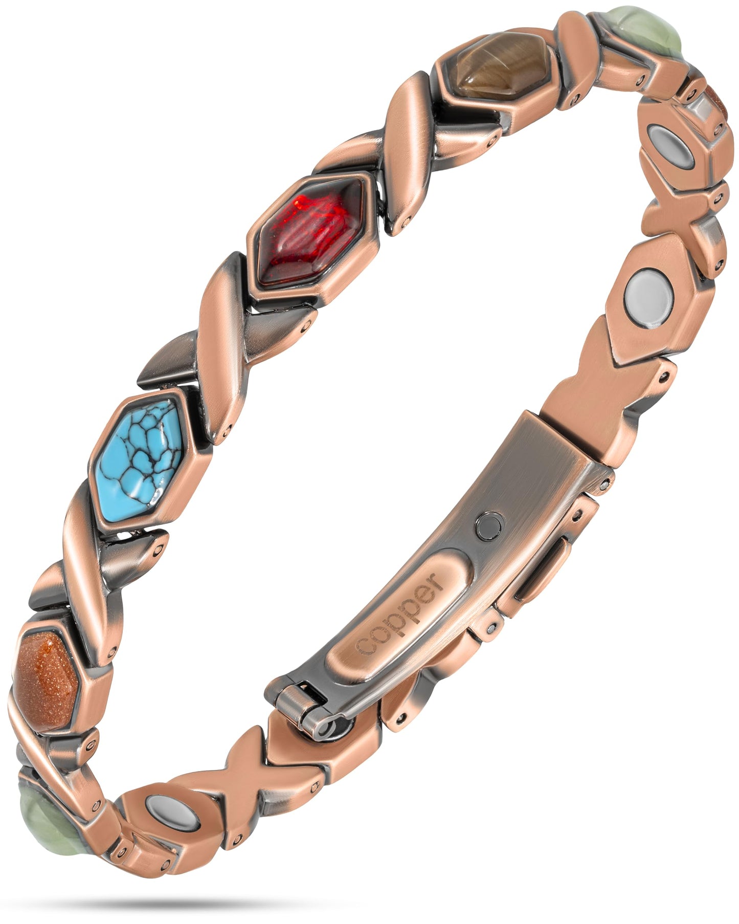 MagnetRX Pure Copper Bracelets for Women – Ultra Strength Copper Magnetic Bracelet with Multiple Stones – Adjustable Stone Bracelets for Women with Sizing Tool (Mixed Stones)