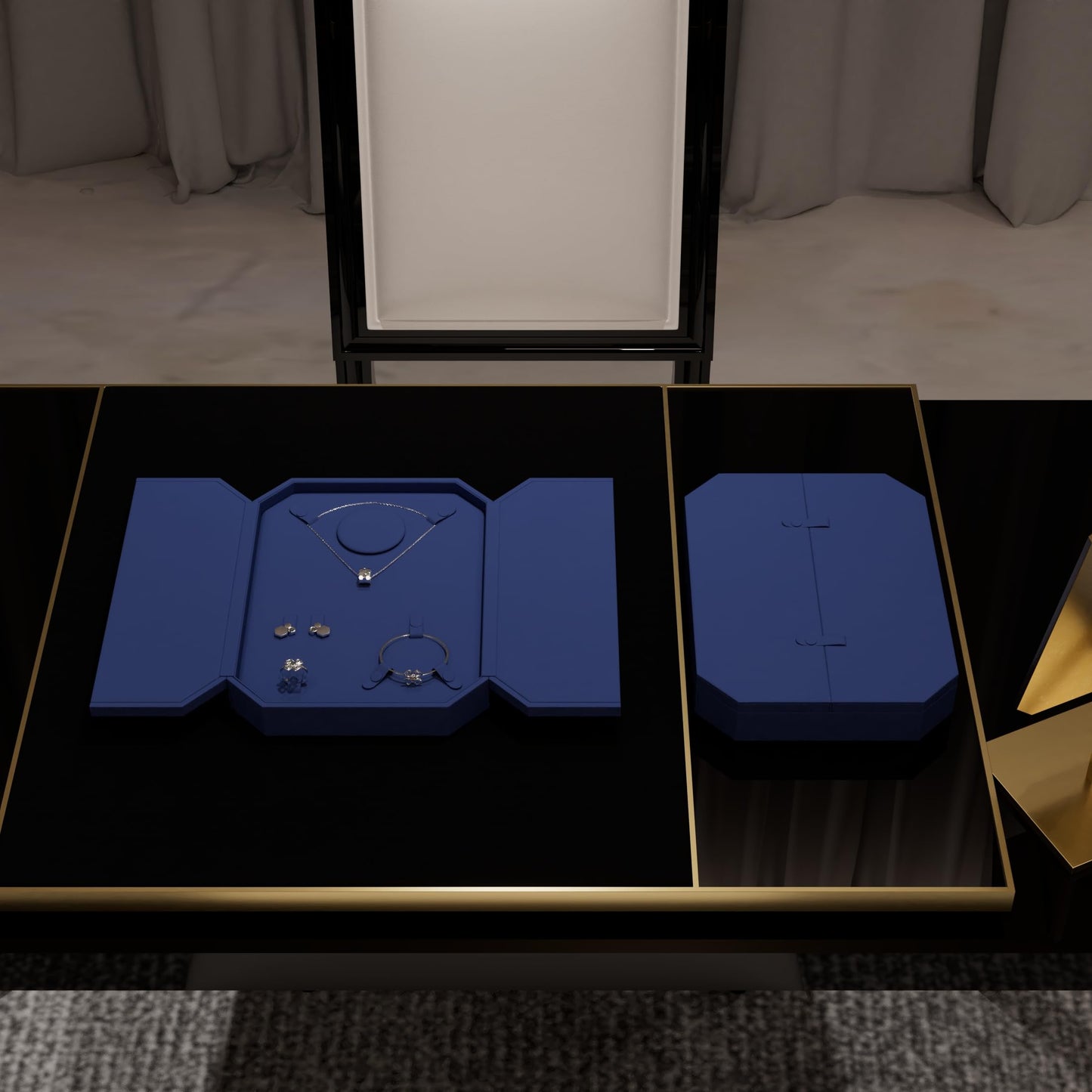 Oirlv Navy Blue Velvet Jewelry Set Storage Box, Luxury Organizer for Necklaces, Bracelets, Rings & Earrings, Elegant Gift Case