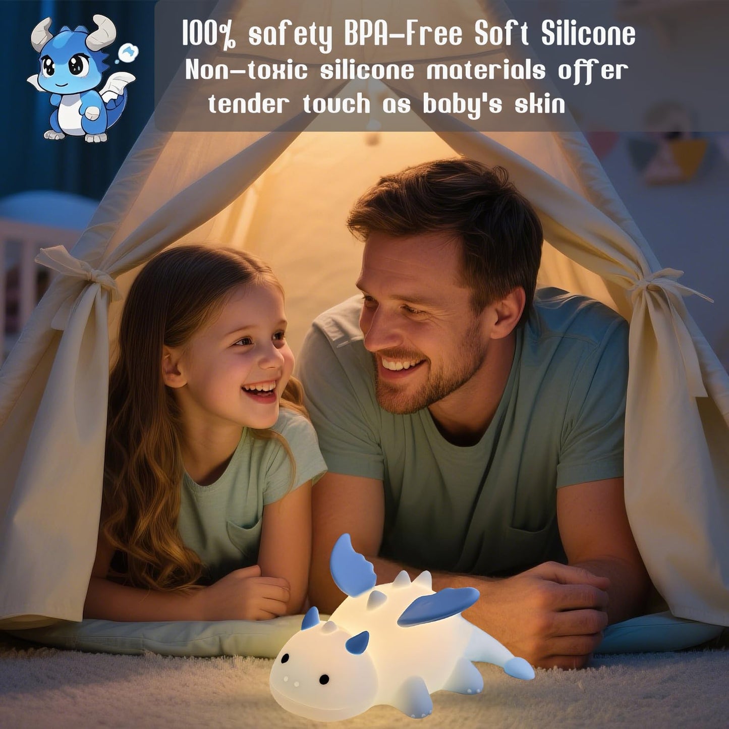 POSSHE Dragon Night Light, Cute Baby Dragon Gifts, Soft Silicone Lamp with 3 Level Warm Light and RGB Changing, Breastfeeding Nursery Portable Kawaii Bedside Lamp for Baby, Toddler, Boys and Girls
