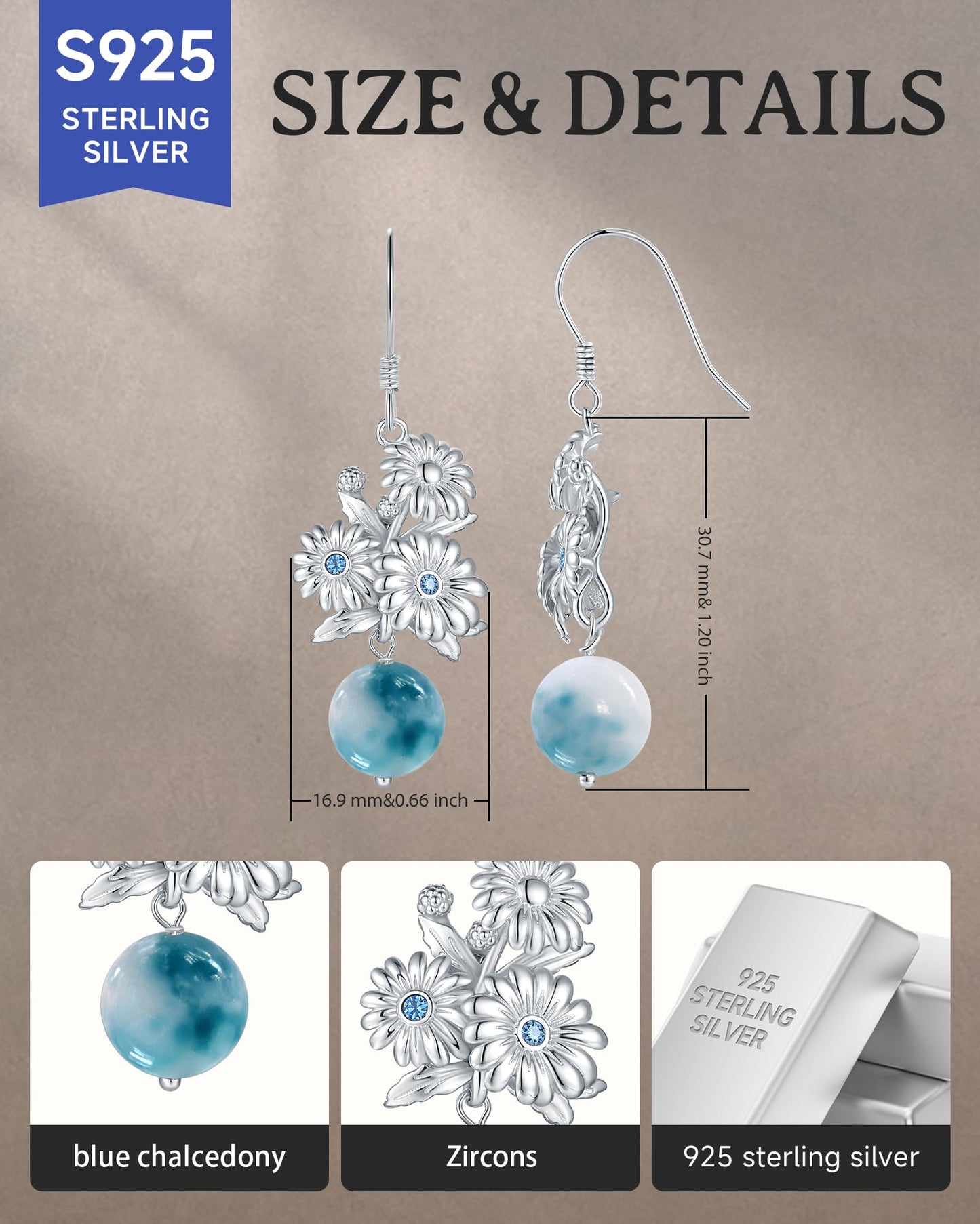 Daisy Dangle Earrings for Women - 925 Sterling Silver Blue Chalcedony Elegant Jewelry Daisy Gifts for Wife Girlfriend