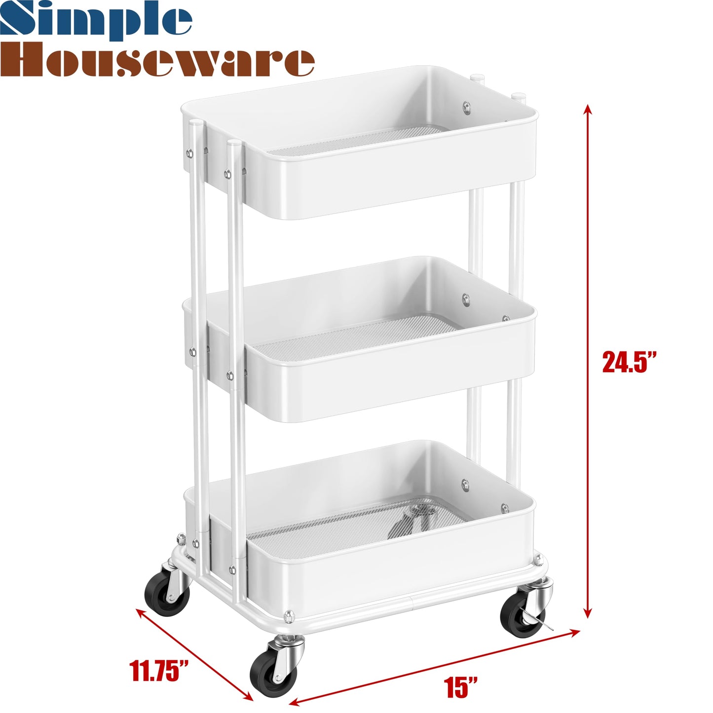 Simple Houseware 3-Tier Compact Utility Rolling Cart, Low 24” Height Fits Under Desk, Space-Saving Storage for Home Office, Dining Room, or Kitchen, White