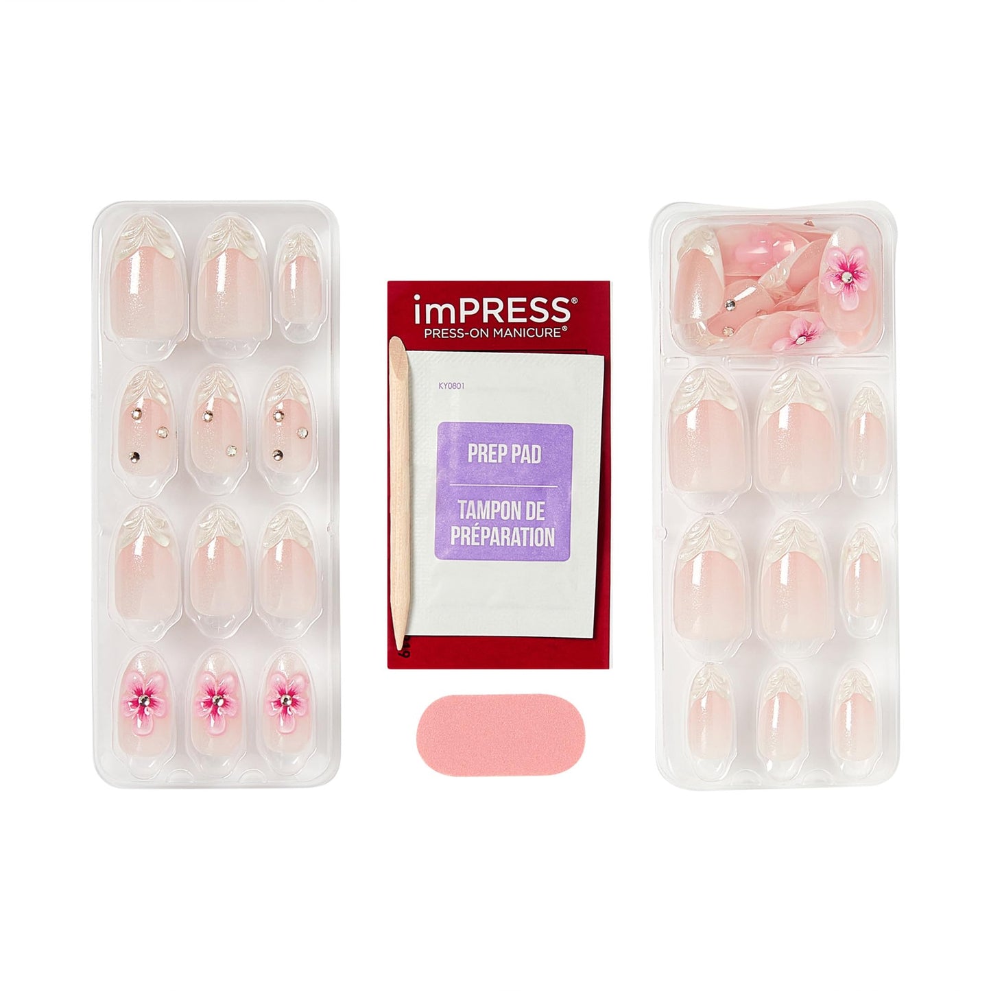 Kiss Impress No Glue Mani Press On Nails, Design, 'Couture-geous', Pink, Medium Size, Almond Shape, Includes 30 Nails, Prep Pad, Instructions Sheet, 1 Manicure Stick, 1 Mini File