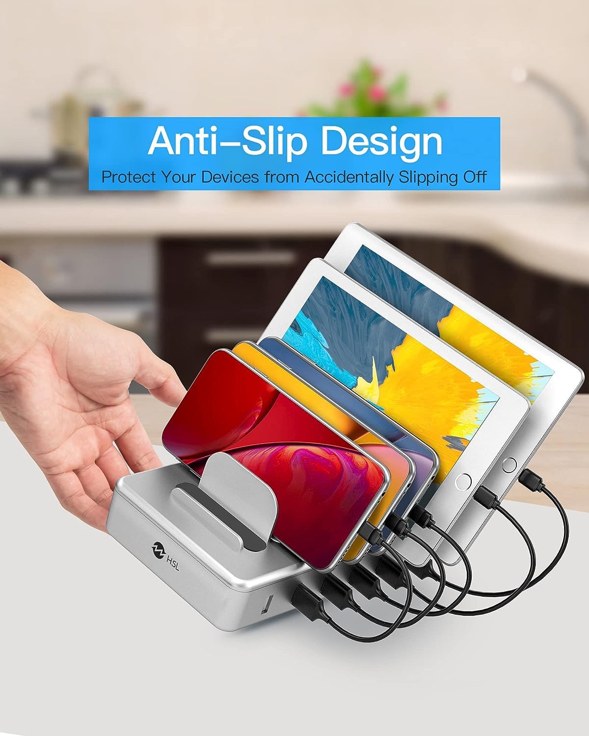 Charging Station for Multiple Devices - 6 Port Multi USB-A Charger Stations Multi-Device Organizer Charging Dock for iPhone iPad Android Cell Phone Tablets with 6 Mixed Cables Included(UL Certified)