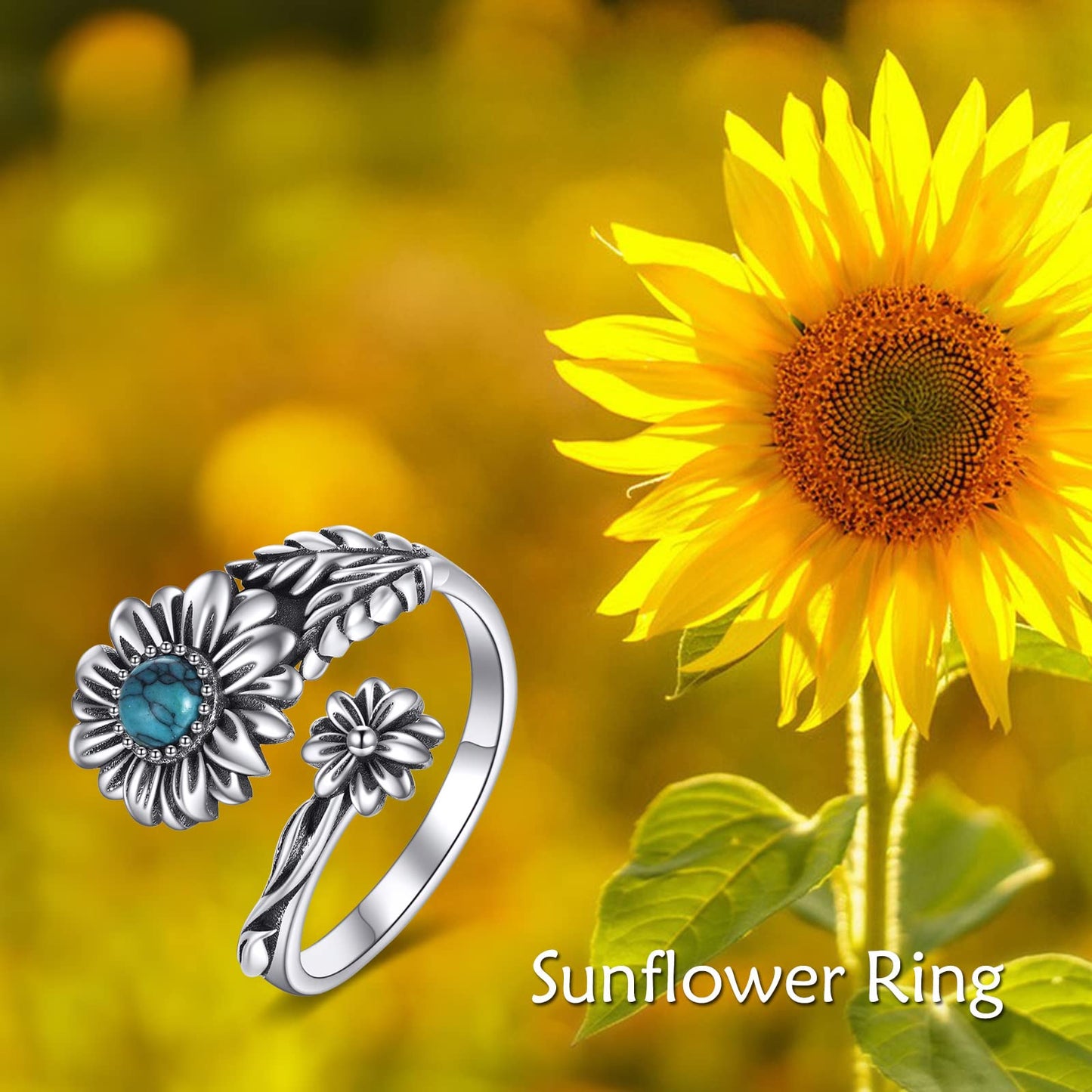 POPLYKE Sterling Silver Turquoise Daisy Spoon Ring Vintage Thumb Rings Boho Adjustable Open Ring Flower Jewelry Gifts for Women