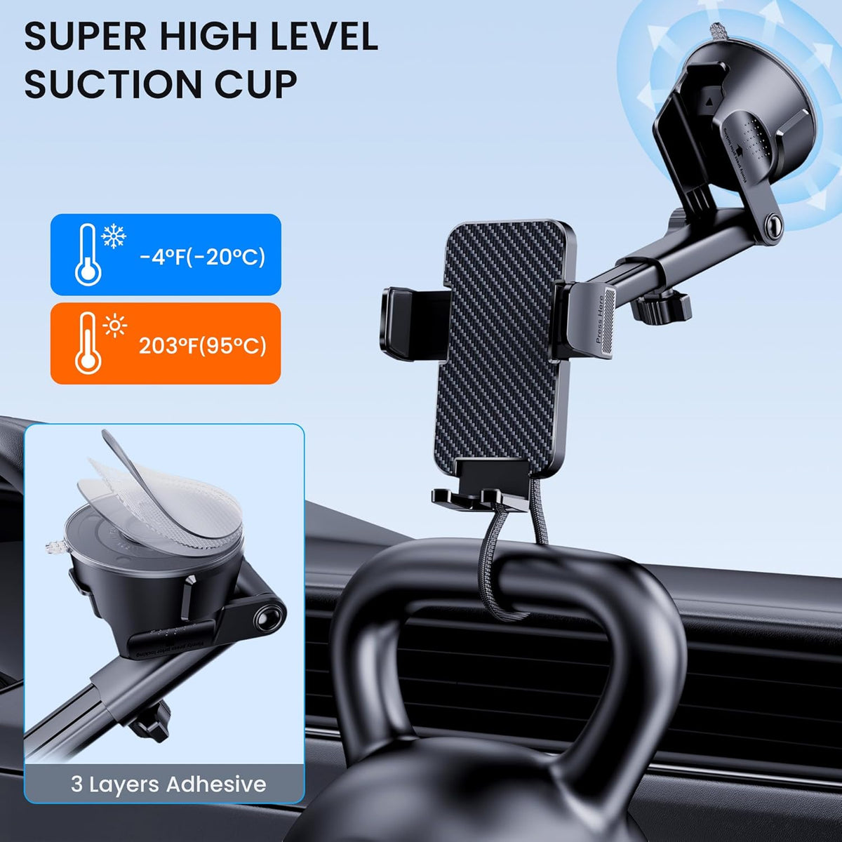 Phone Holder Car [Military Grade Suction Ultra Strong Base] Cell Phone Car Holder 3 in 1 Dashboard Windshield Air Vent Hands-Free for iPhone Android Phones