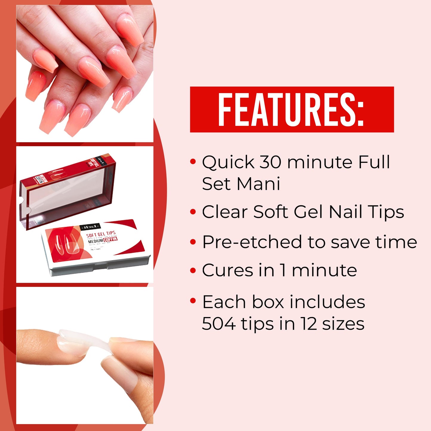 IBD Clear Soft Gel Nail Tips - Medium Coffin Shape, Pre-Etched Fake Nail Extensions for Durable and Easy Application, Acrylic Press On Nails, 504 Tips, 1-Pack