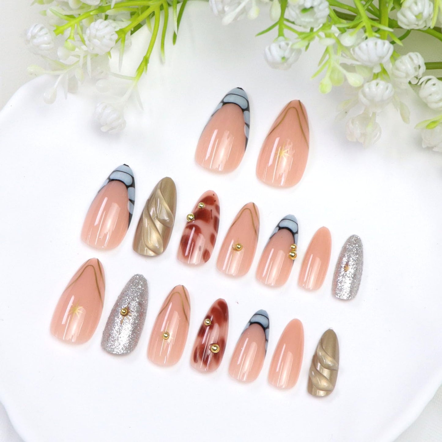 Medium Press on Nails Almond Fake Nails French Tip with 3D Water Ripples Pearls Stars Lines Irregular Pattern Designs Silver Glitter Sequins Nails Press ons Nude Stick on Nails for Women 24Pcs