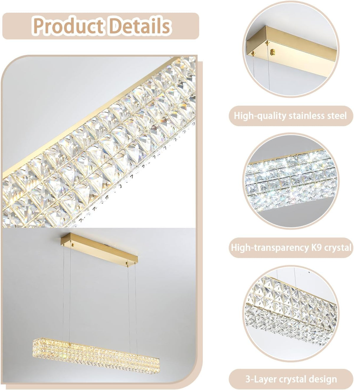 Rectangle Crystal Chandelier Modern Gold Crystal Chandelier Rectangular Pendant Lighting Fixture for Dining Room Kitchen Island Bedroom (L 40")