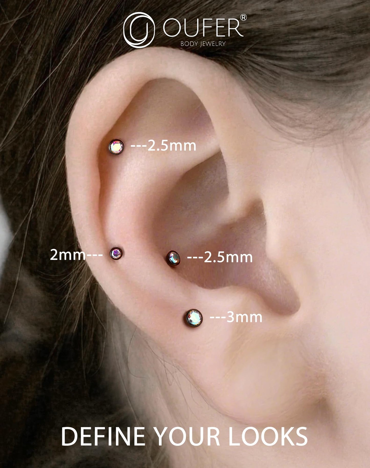 OUFER 2Pcs Black AB Nose Studs, 18G G23 Solid Titanium Threadless Stud Earrings Flat Back Tiny CZ 2MM Nose Helix Cartilage Tragus Conch Piercing Jewelry-6MM