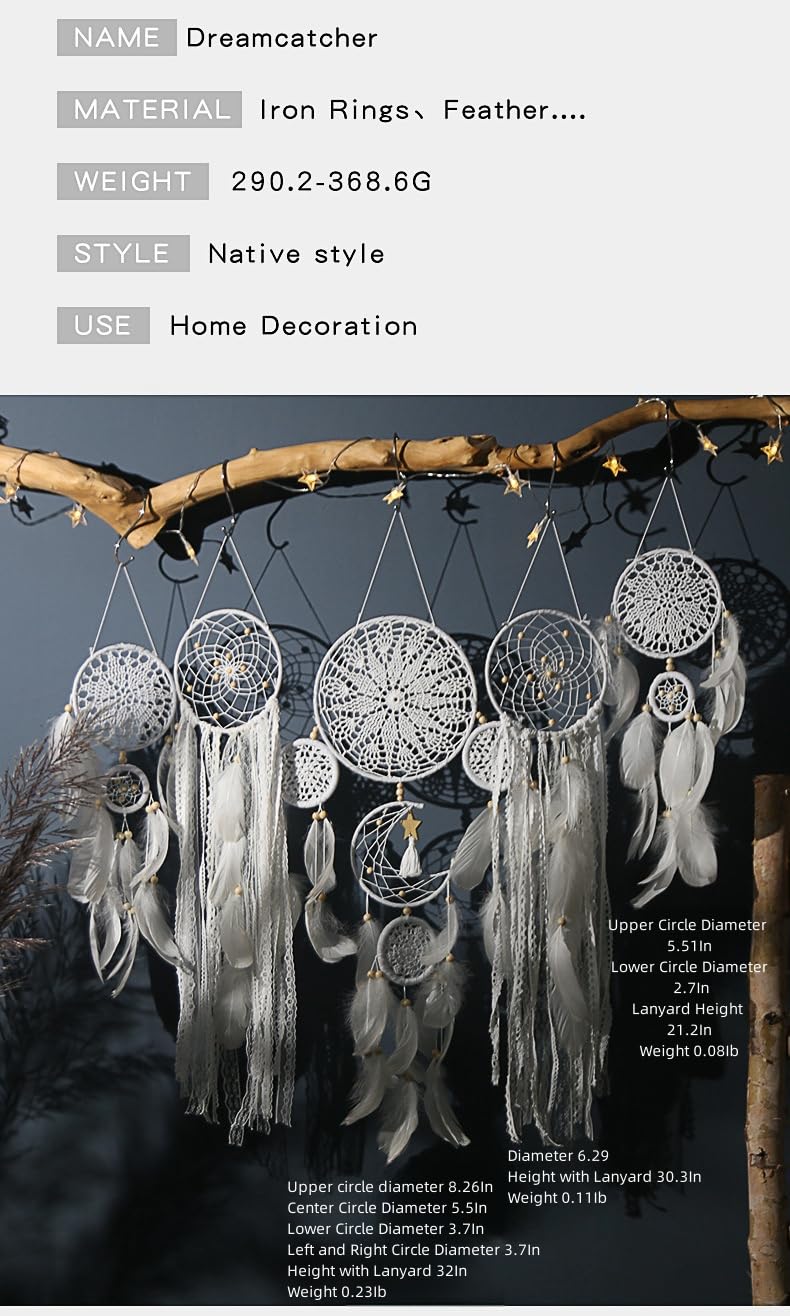5 Pack Moon Phase Dreamcatcher Set Boho Wall Decor, Boho Macrame Wall Hanging Dream Catchers, for Home, Bedroom, Living Room, Witchy Gifts (Black)