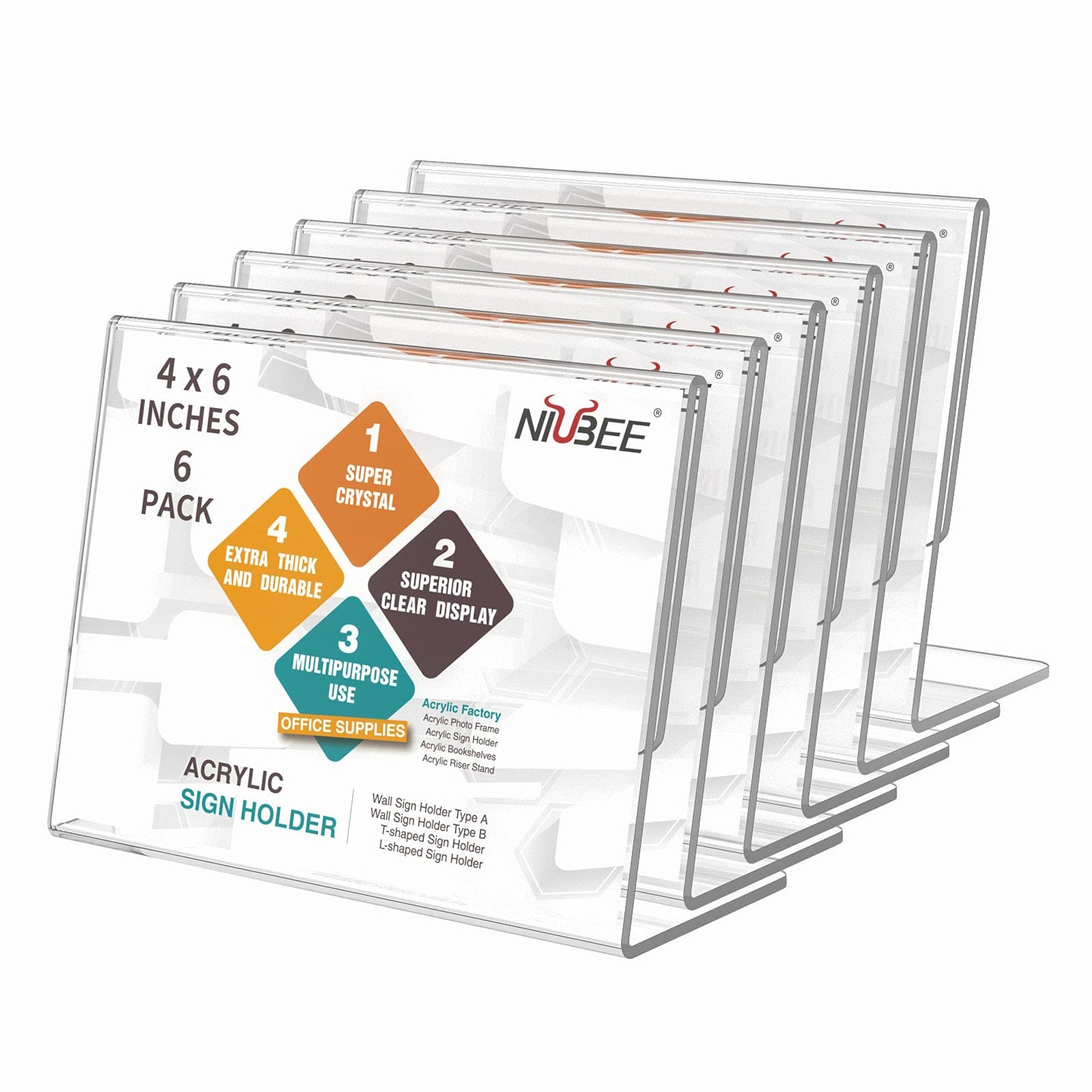 NIUBEE Slanted Back Acrylic Sign Holder 6 x 4 Inches, Clear Plastic Sign Holder Paper Display Table Stand for Office, Store, Restaurant -Horizontal (6 Pack)