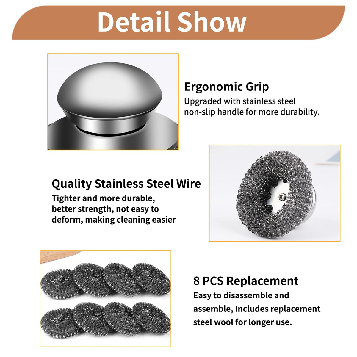 9Pcs Steel Wool Scrubber with Replacement Wire Sponge Pads Set (9 Count)