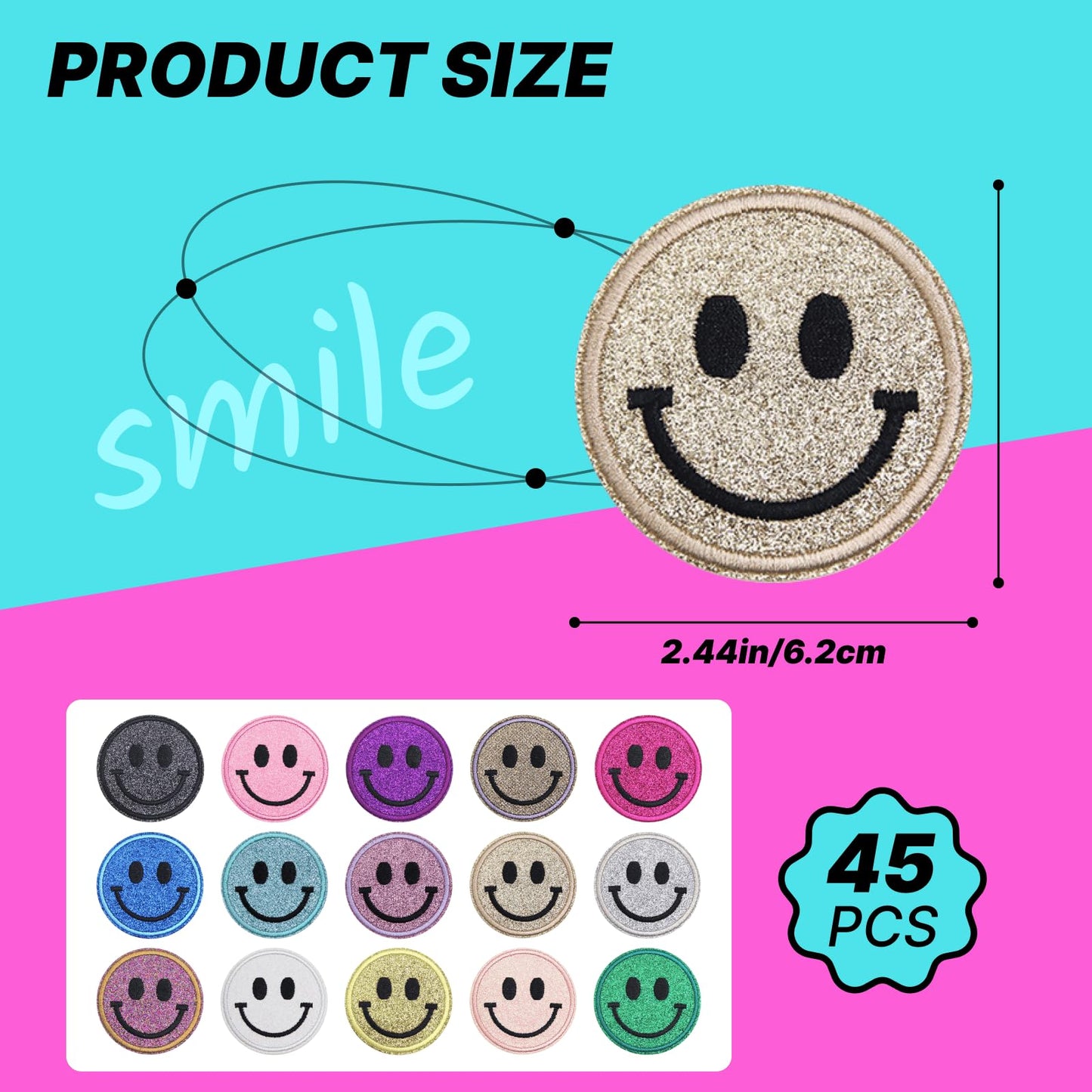 Zakrafo 45PCS Smiley Face Iron on Patches Sequin Round Chenille Cute Smile Iron on Patches for Diverse Range of Fabric Clothes DIY Projects