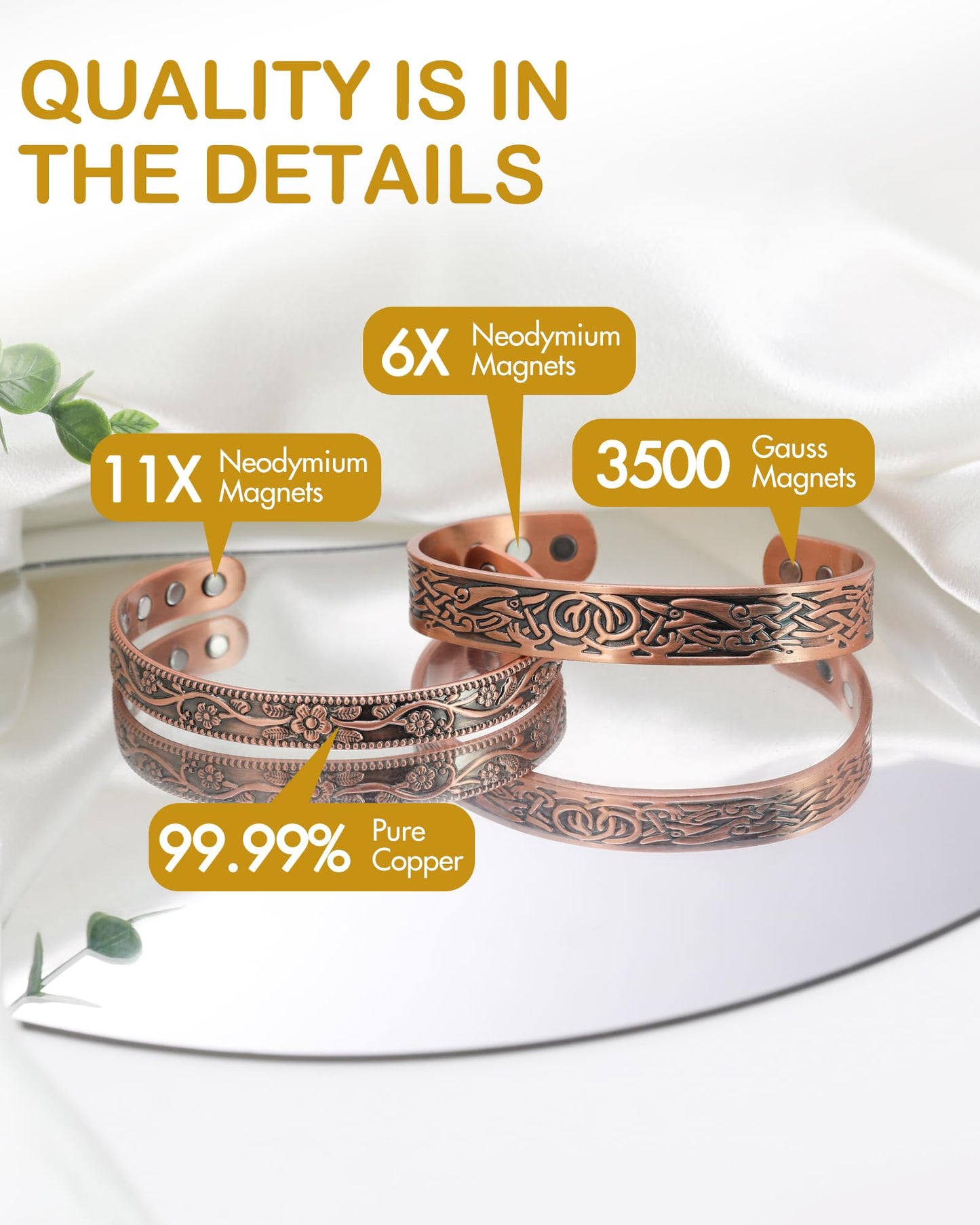 Feraco 11X Magentic Copper Bracelet for Women, 99.99% Pure Copper Cuff Bangles with Magnets, Adjustable Jewelry Gifts (Viking & Blossom)