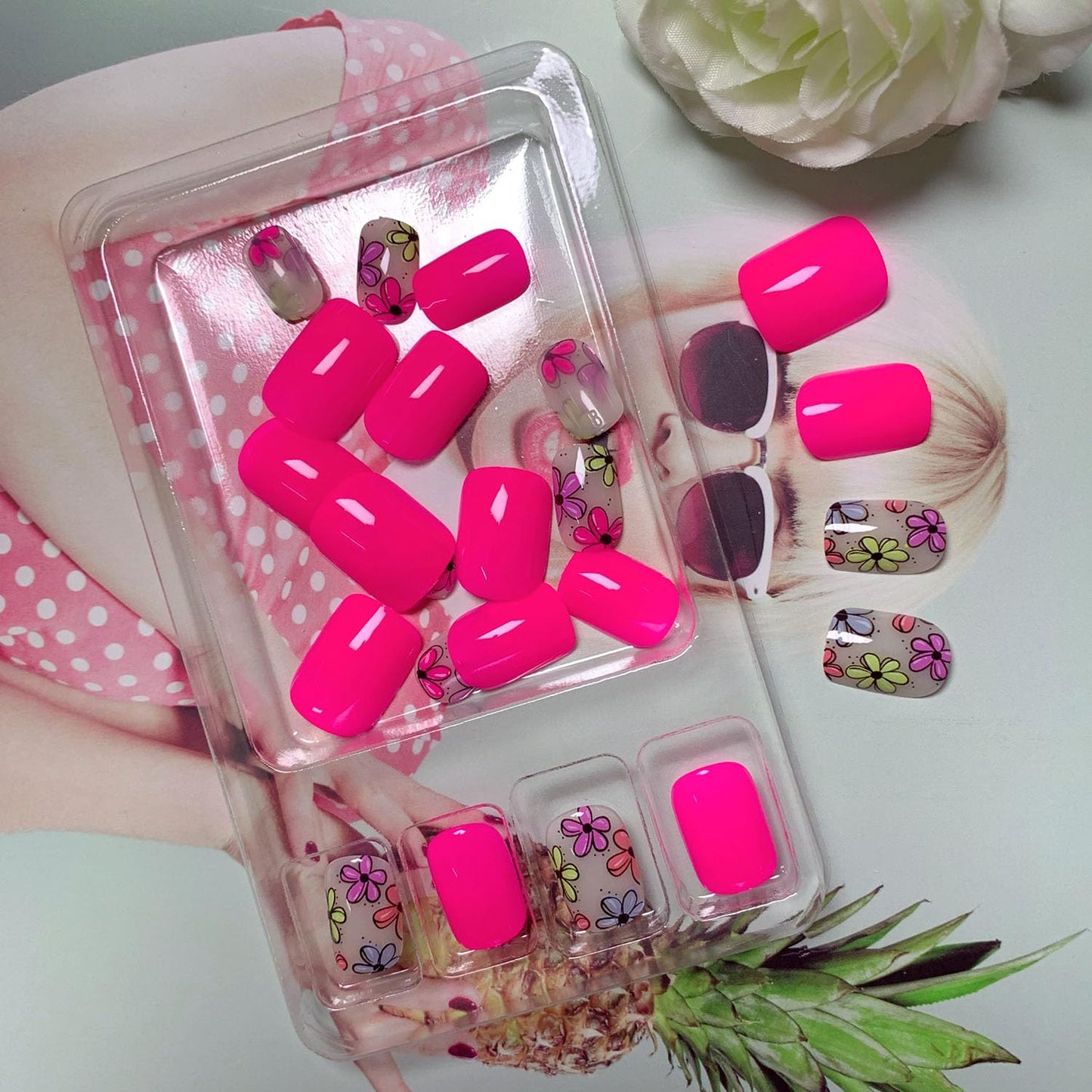 Rose Red Press on Nails Short Square Fake Nails with Spring Designs Colorful Flowers Full Cover Nails Press ons Cute Artificial False Nails for Women 24 Pcs