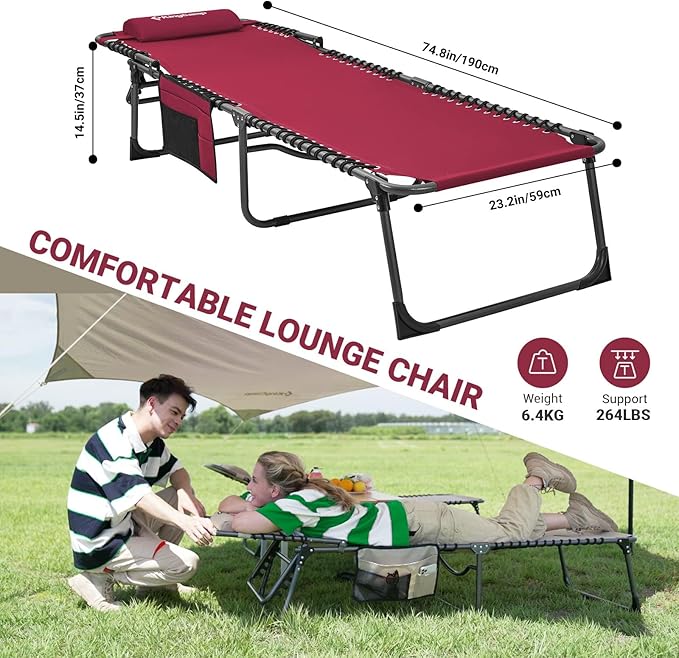 KingCamp 2 Pack Lounge Chair Outdoor, Folding Portable Tanning Chairs Comfy Adjustable 5-Position Lay Flat Foldable Chaise Chaser Lounger with Pillow for Outside Beach Patio Sun Bathing Pool, Wine