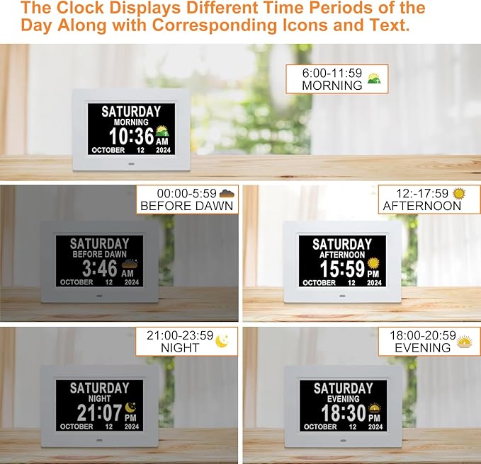 SSINI Digital Calendar Dementia Alarm Clock with Day and Date for Elderly - 15 Alarms 5 Colors Display Digital Clock Large Display Alzheimers Large Digital Clock for Seniors (7in White)