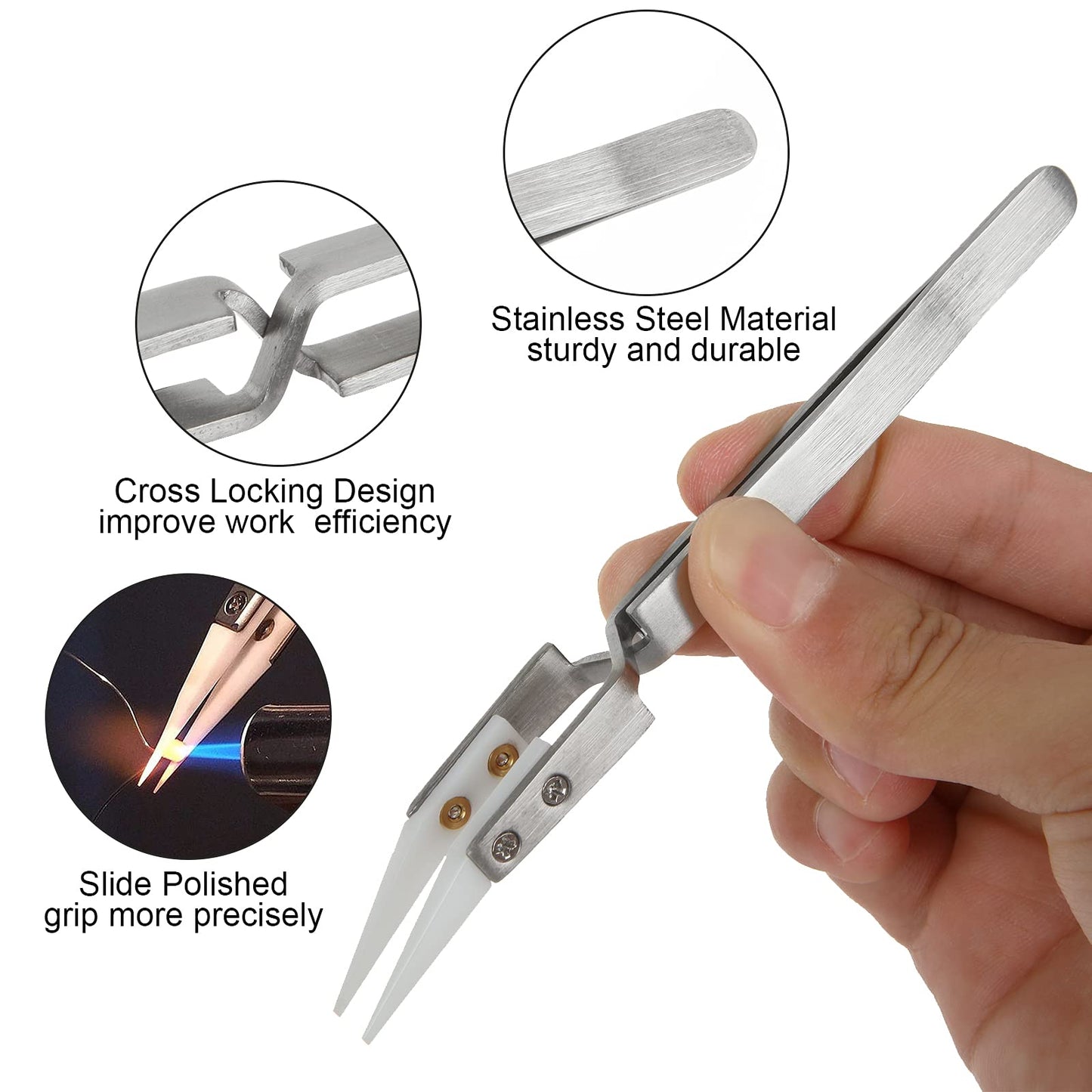 6 Pcs Precision Ceramic Reverse Solder Tweezers, Non-Conductive, Anti-Magnetic Pointed & Curved Tips Tweezers Set, Cross Lock Fiber Grip Soldering Tool, Heat-resistant Electronics Tweezers
