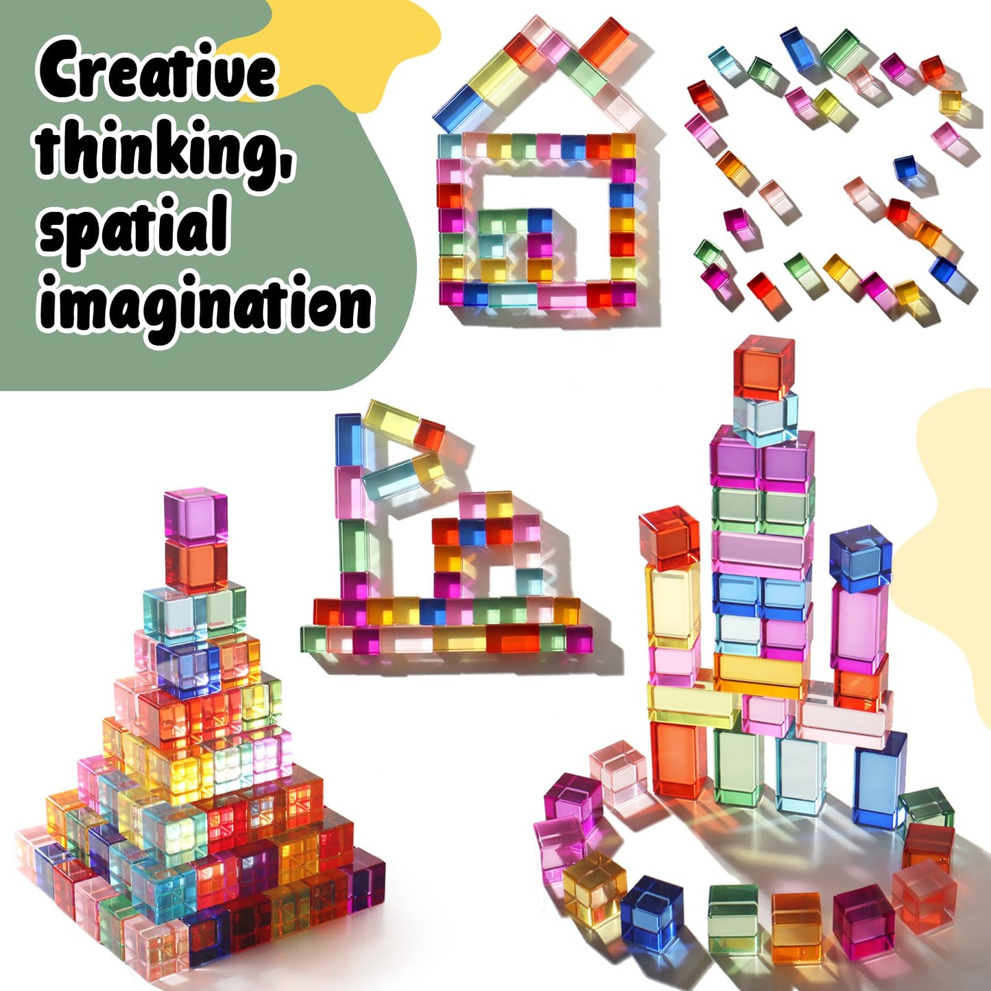 Dinhon 100 Pcs Acrylic Blocks for Toddler - 10 Colors Rainbow Gem Blocks, 2.5x2.5cm Crystal Cubes Stacking Rainbow Toy for Kids 1-5 Years Old, Light Table Blocks Bulk Birthday Gift