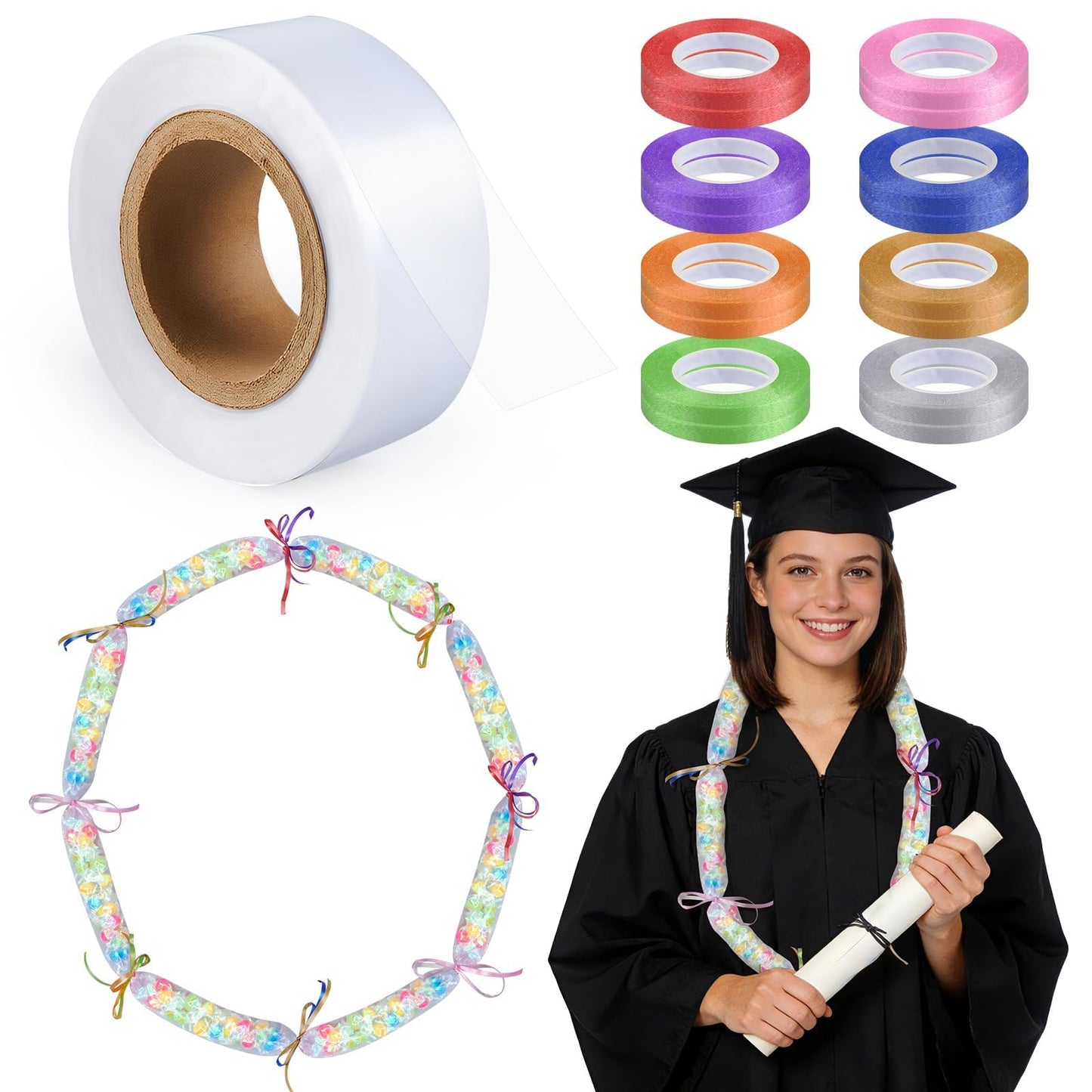 ARCTURINE 2 inch x 394 ft Candy Lei Poly Tubing with 175 yd Ribbon, Clear Graduation Candy Lei Making Kit with Plastic Poly Tube 16 Rolls Ribbon for DIY Graduation Garland Wreath Decor Snacks Wrapper