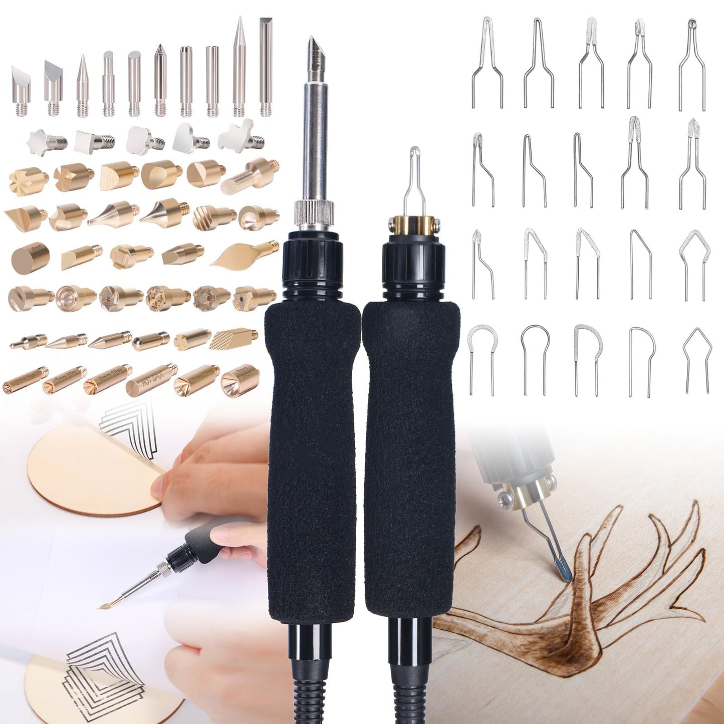 YIHUA 939D-II Pyrography Pen Wood Burning Kit Station 2-in-1 Solid-Point 200~480°C (with Temp Display)/Wire-Nib 250~750°C with 20 Nibs, Solid Points, 1 Stable Pen Holder, 2 Scrap Wood (Green)