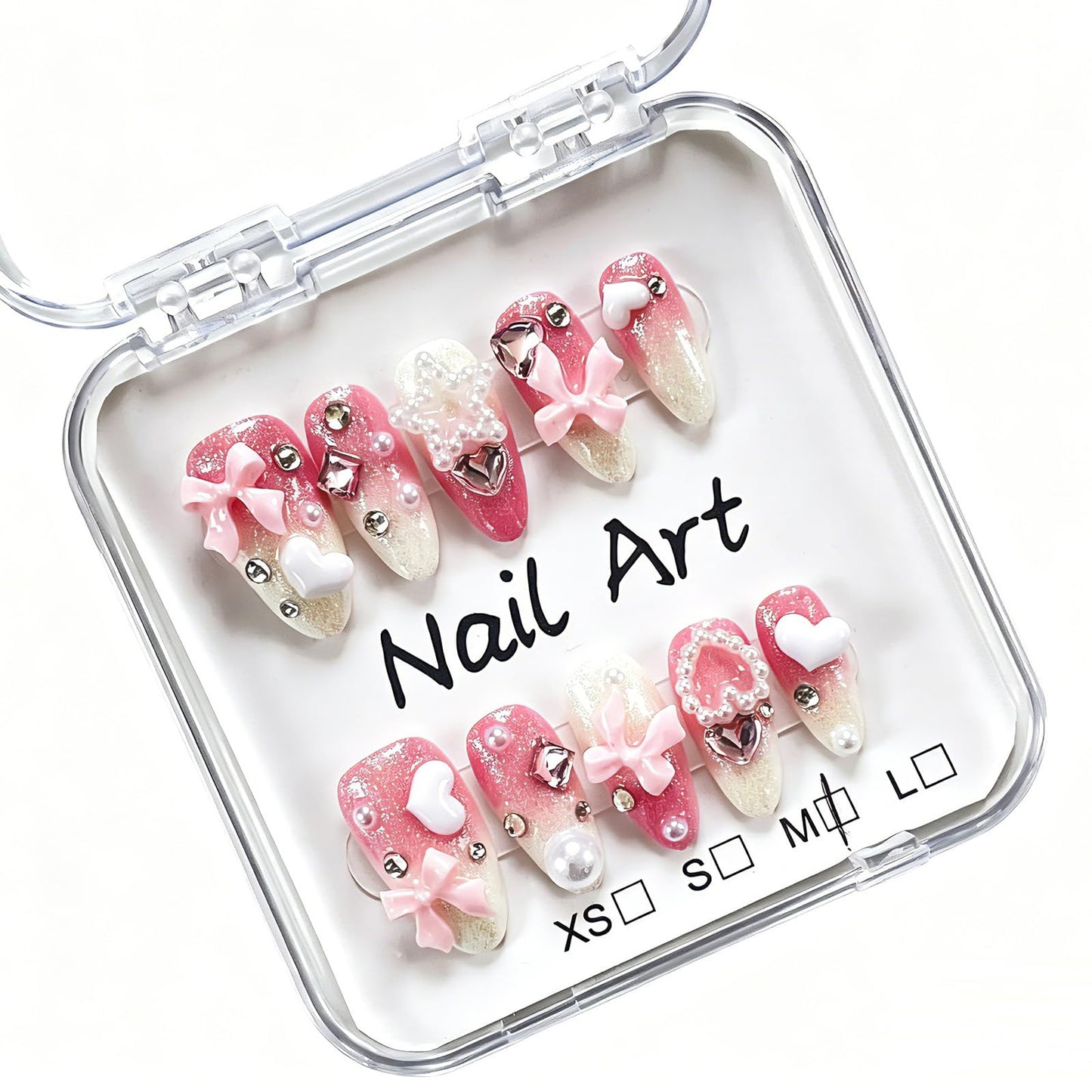 Hand made Press on Nails Medium Almond,Gradient Pink Fake Nails with Bow Art Design Reusable Nails for Women 10 Pcs(Size M)