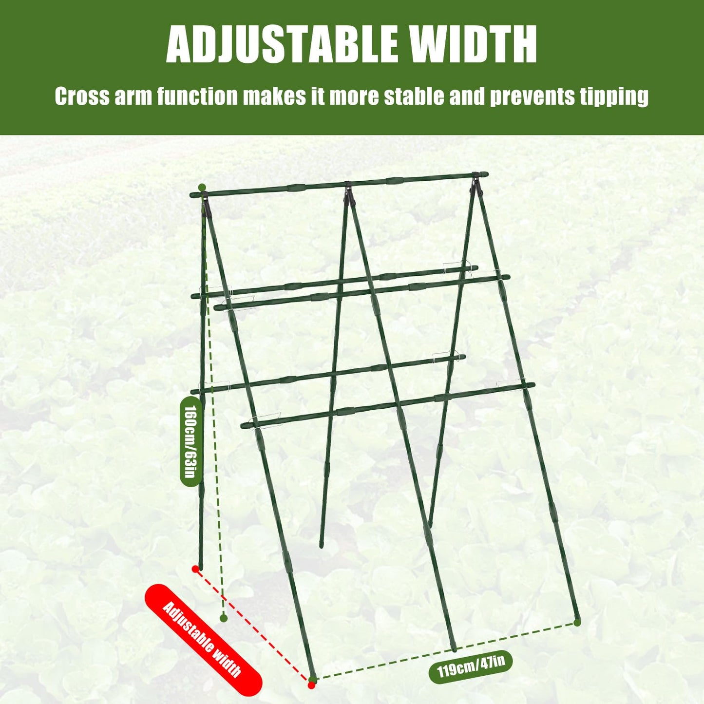 STFALI 63"H x 47"L Cucumber Trellis for Raised Bed, Adjustable Garden Trellis for Climbing Plants Outdoor with Climbing Net and Plant Support Clip, A-Frame Trellis for Vegetable, Cucumbers, Tomatoes