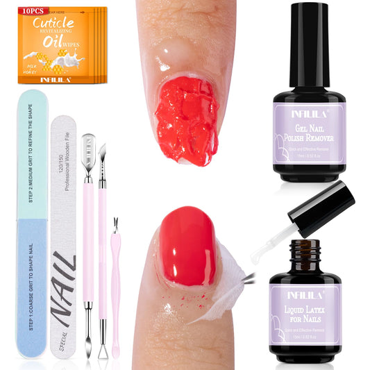 NXJ INFILILA Gel Nail Polish Remover Kit, 5-in-1 Set with Liquid Latex for Nails & Cuticle Oil Wipes, Acetone Free Formula for At Home Use, Fast Acting, No Soaking or Wrapping, Cuticle Protectors