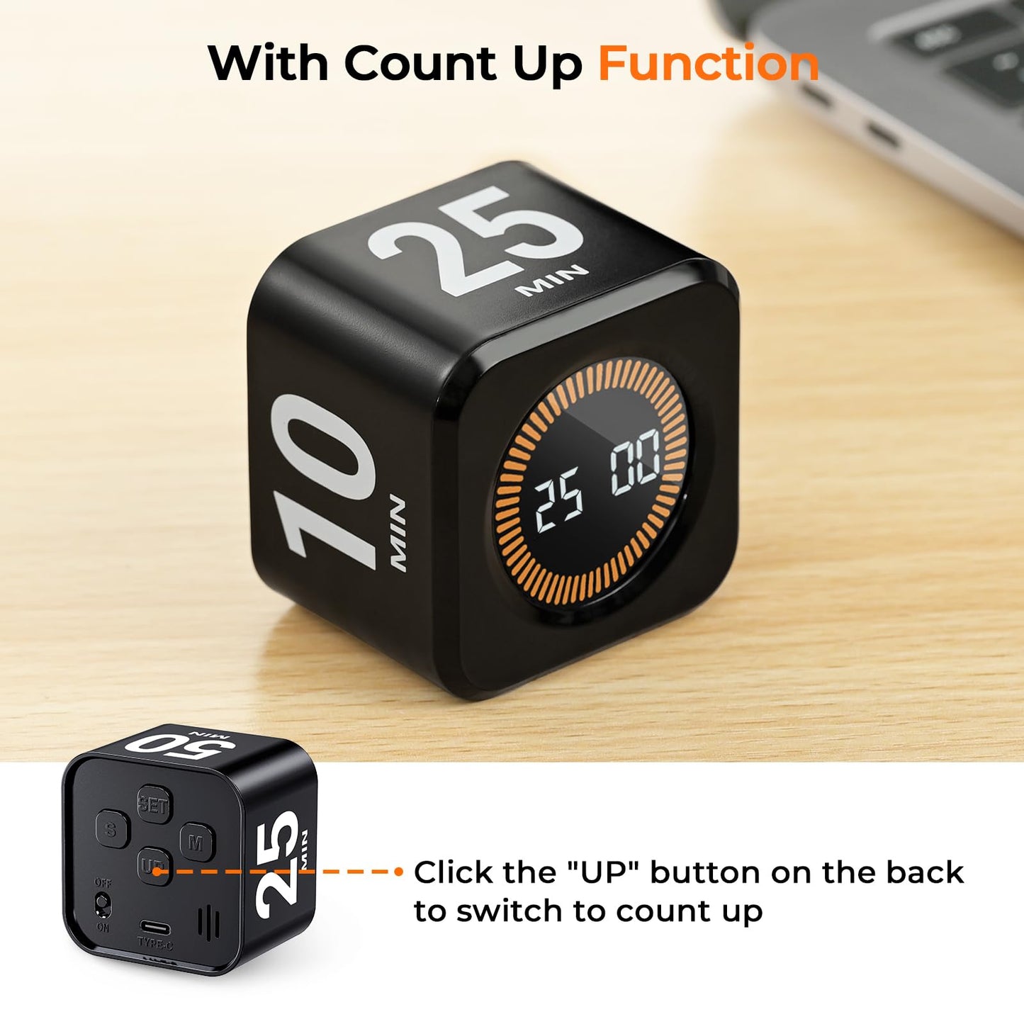 EooCoo Pomodoro Timer Cube, Cool Stuff Gadgets, Visual Timer with Gravity, Countdown 5/10/25/50 Min, Rechargeable Productivity Tool for Office, Classroom, Kitchen, Gym, Yoga, College School Supplies