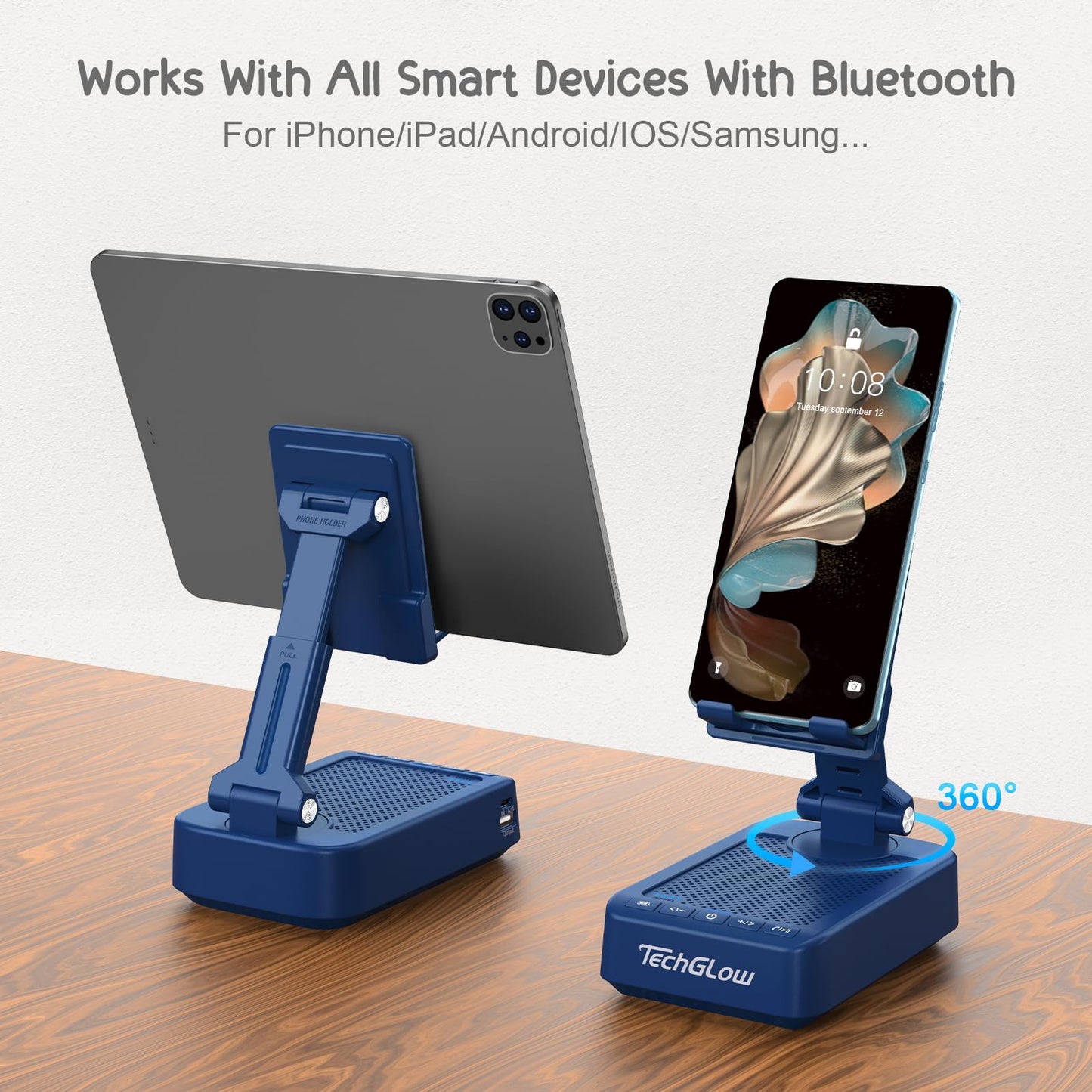 TechGlow Gifts for Men Women Foldable Cellphone Stand with Bluetooth Speaker and Charging Function 360° Rotatable Phone Stand Birthday Gift Idea for Mom Dad Cool Tech Gifts-Blue