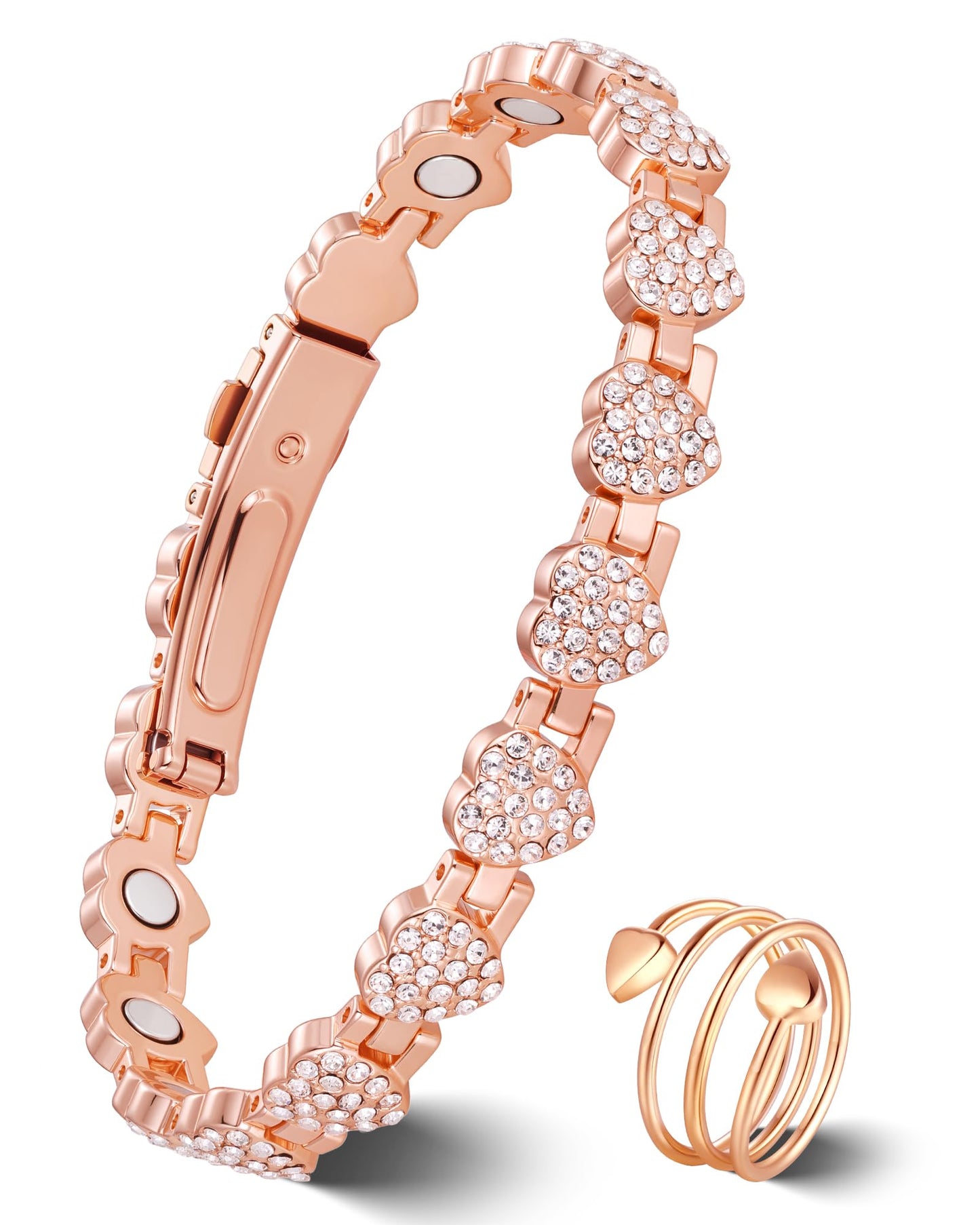 Jeracol Copper Bracelet & Ring for Women, Ultra Strength Magnetic Bracelet with 3800 Gauss Neodymium Magnets, Heart & Crystal Diamonds, Adjustable Tools and Jewelry Gift Box(Rose Gold)