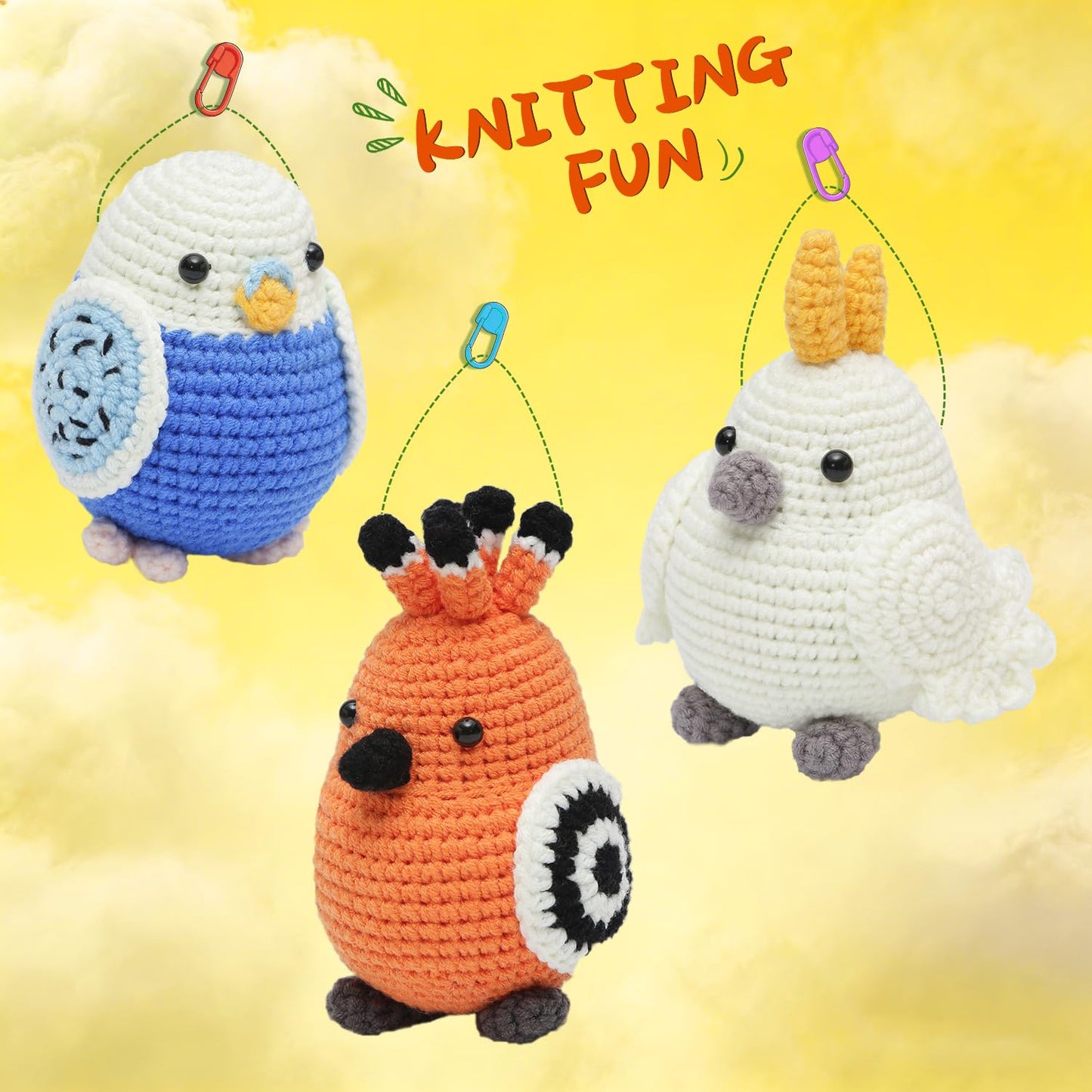 GONELYON Crochet Kit for Beginners, Crochet Kit for Beginners Crochet Starter Kits for Adults and Kids with Step by Step Video, 3 Kawaii Parrots DIY Yarn Plush