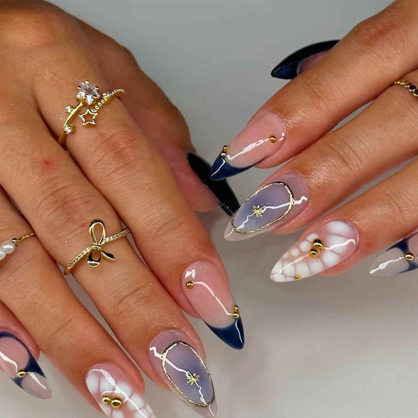 VOTACOS 24PCS Dark Blue French Tip Press on Nails Almond Medium Nude Acrylic Fake Nails Press Ons with Designs Golden Bead Star Glue on Nail for Women Blush Reusable Artificial Stick on False Nail