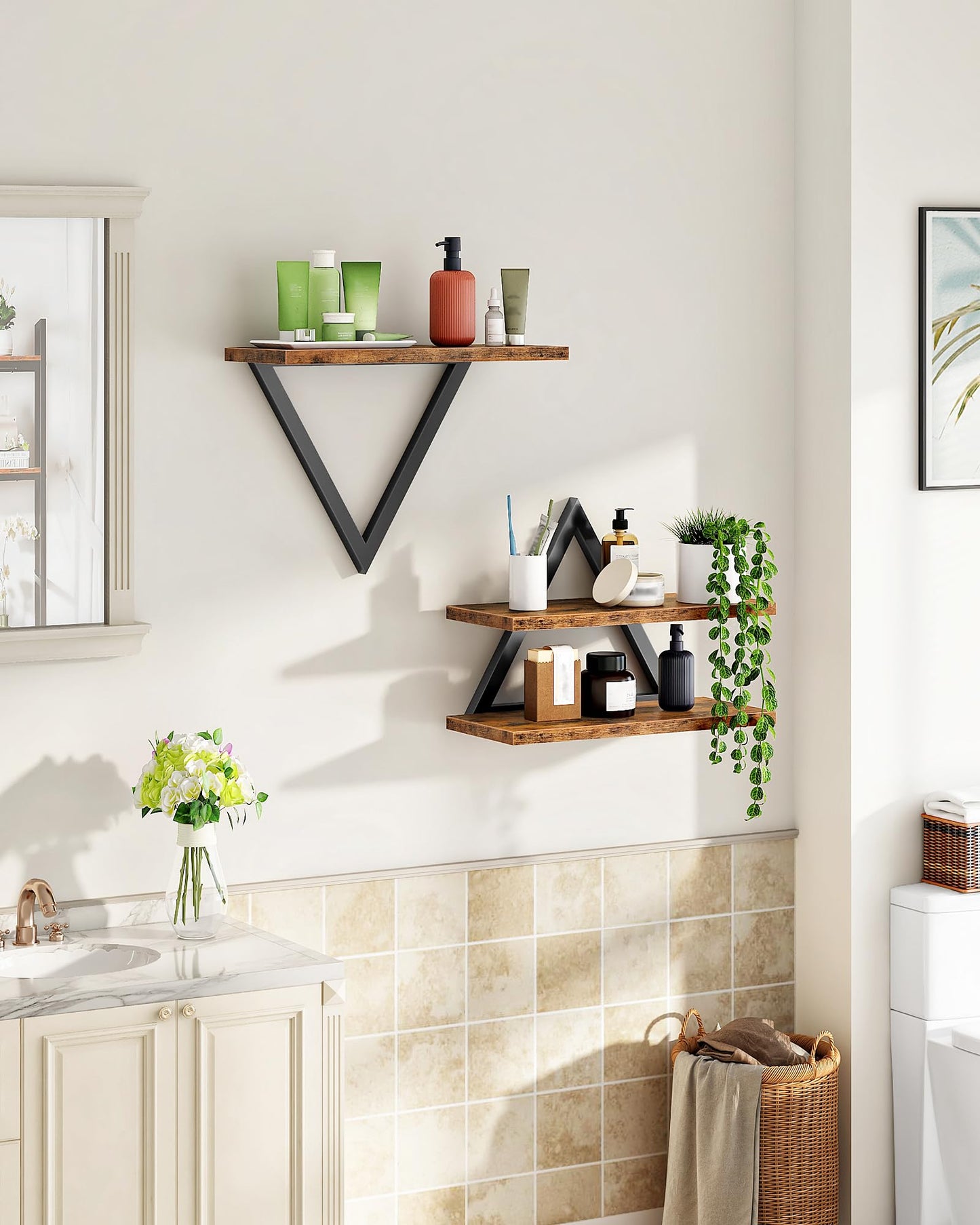 CHOEZON Floating Shelves for Wall, Wall Mounted Shelf Set of 2, DIY Hanging Shelf for Wall Decor, for Living Room Bedroom Bathroom Kitchen, Rustic Brown TBJ11BF