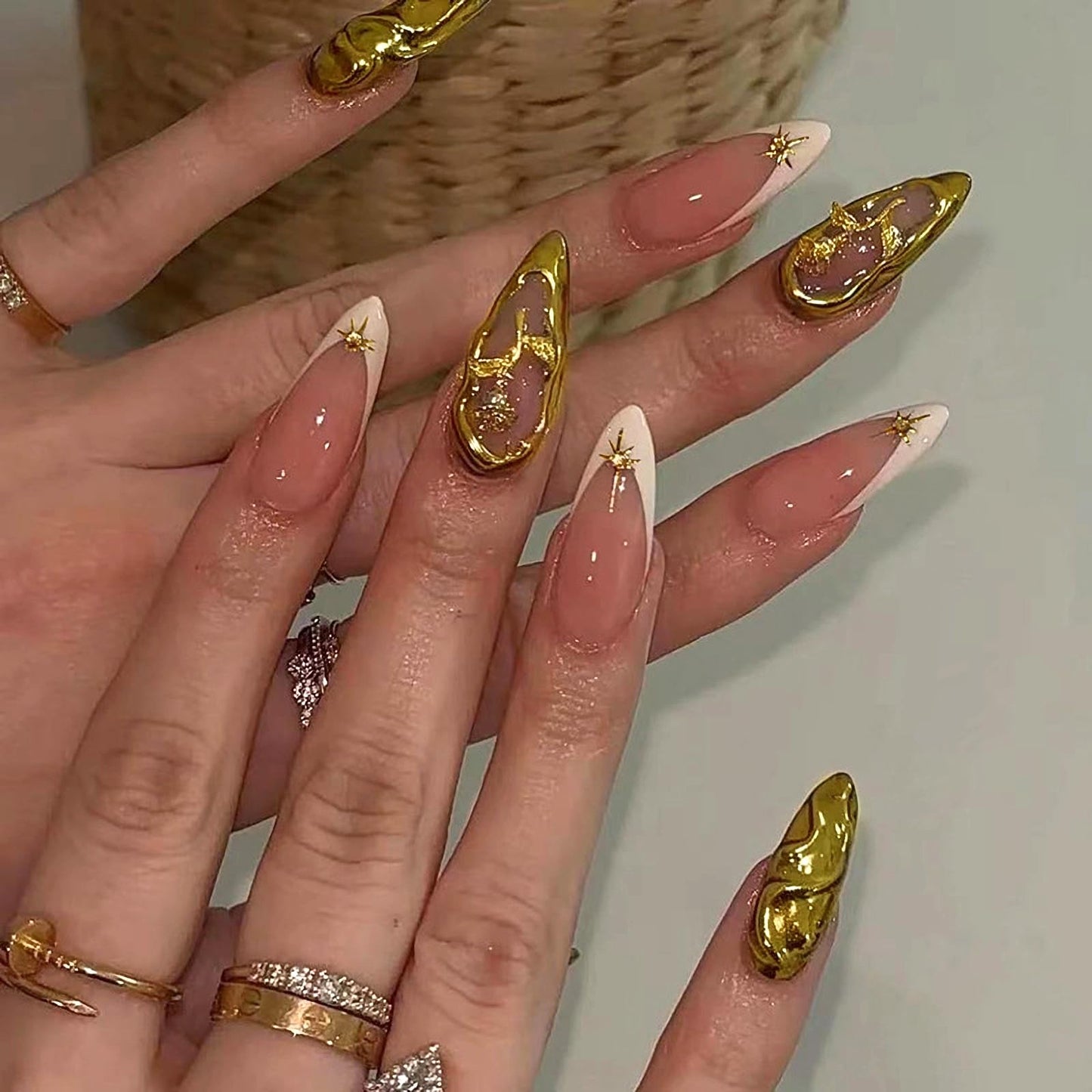 MISUD Press on Nails - Medium Almond Fake Nails with White French Tip, Acrylic Gold Chrome Design 24 pcs