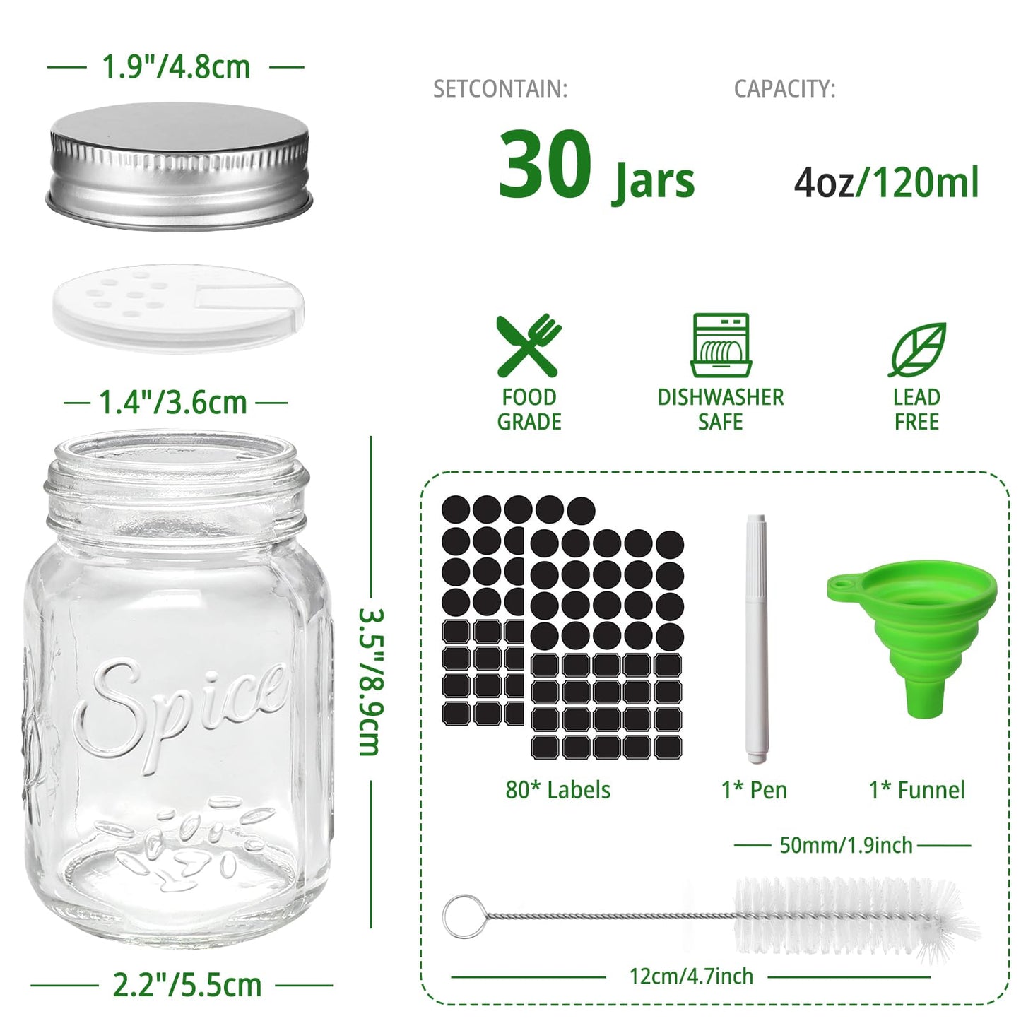 CycleMore 30 Pack 4oz Glass Mason Spice Jars, Round Spice Containers with Silver Metal Caps and Pour/Sift Shaker Lids-80pcs Labels,1 Silicone Collapsible Funnel,1 Brush and 1pcs Pen Included