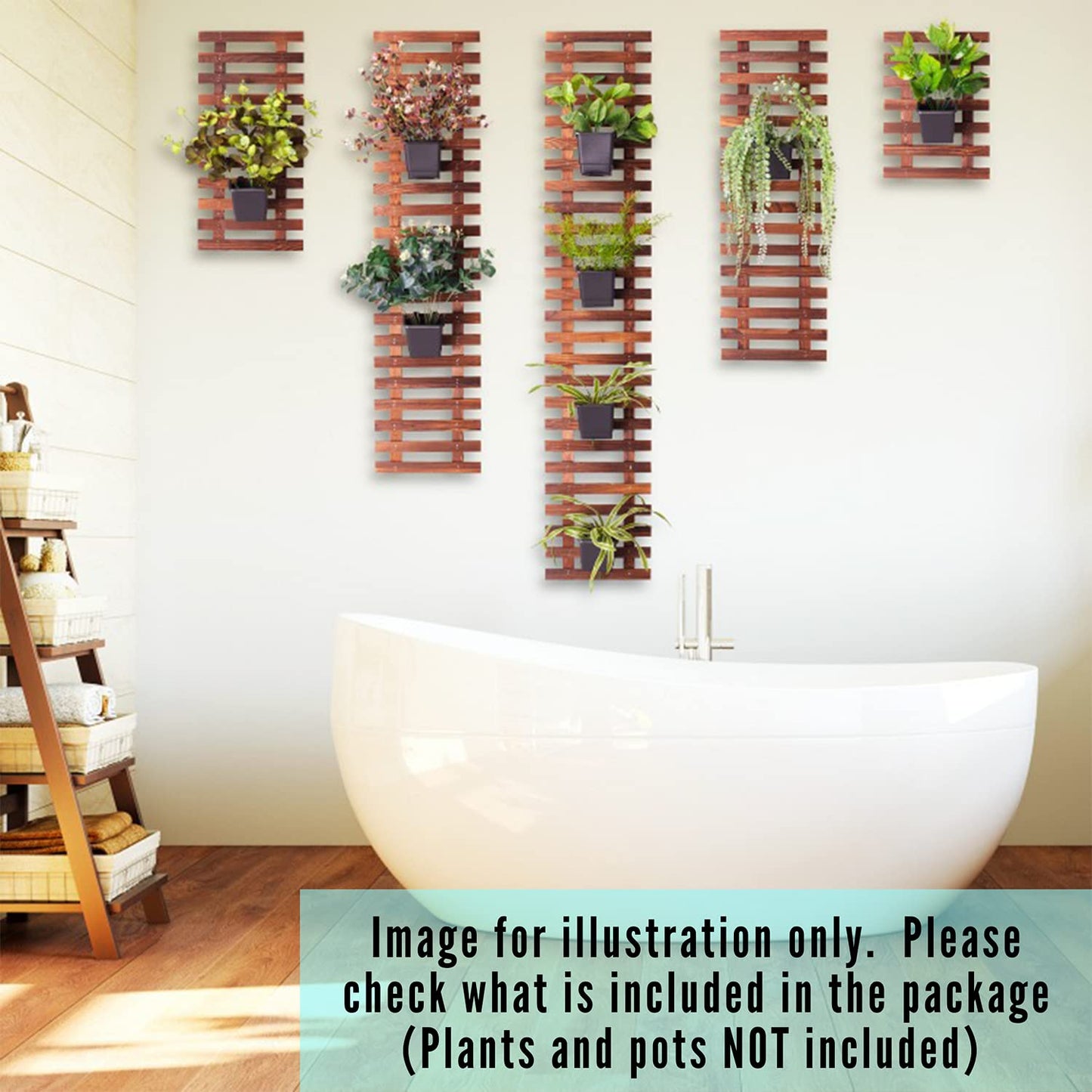 LalaGreen Bundle - 4 inch x 10 Pack Self Watering White Plastic Pot + 4 Pack Wooden Hanging Planters for Indoor Plants, Wall Mount Plant Stand Ladder, Outdoor Vertical Garden